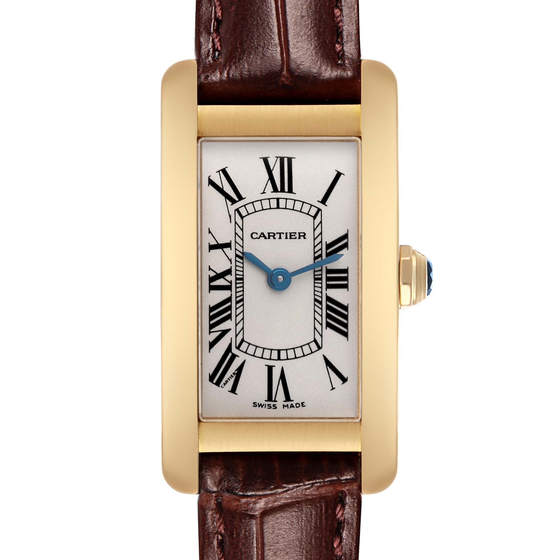 The Cartier Tank Américaine watch is shown front-facing, displaying the entire face and leather strap.