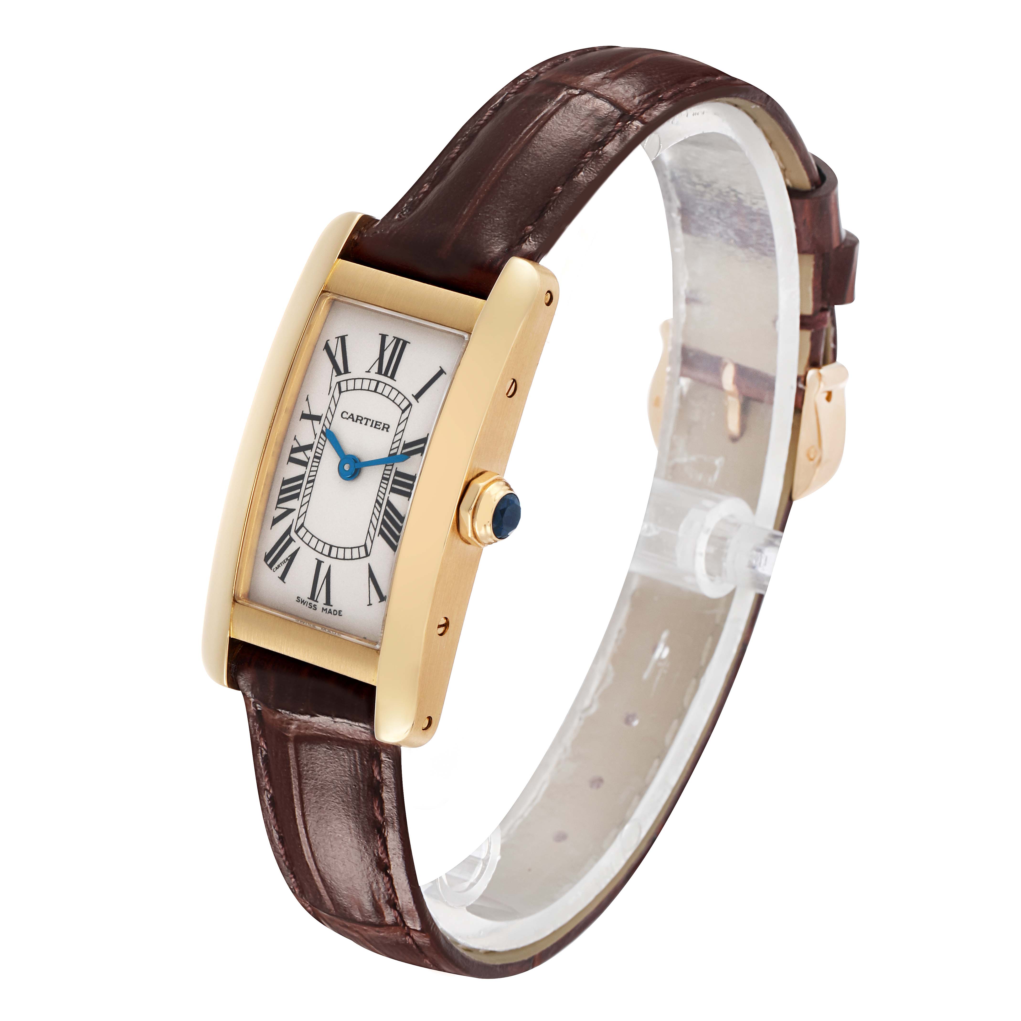 The Cartier Tank Americaine W2601556 Women's Yellow Gold Beige Dial watch is shown from a front angled perspective, highlighting its face, hour markers, and brown leather strap.
