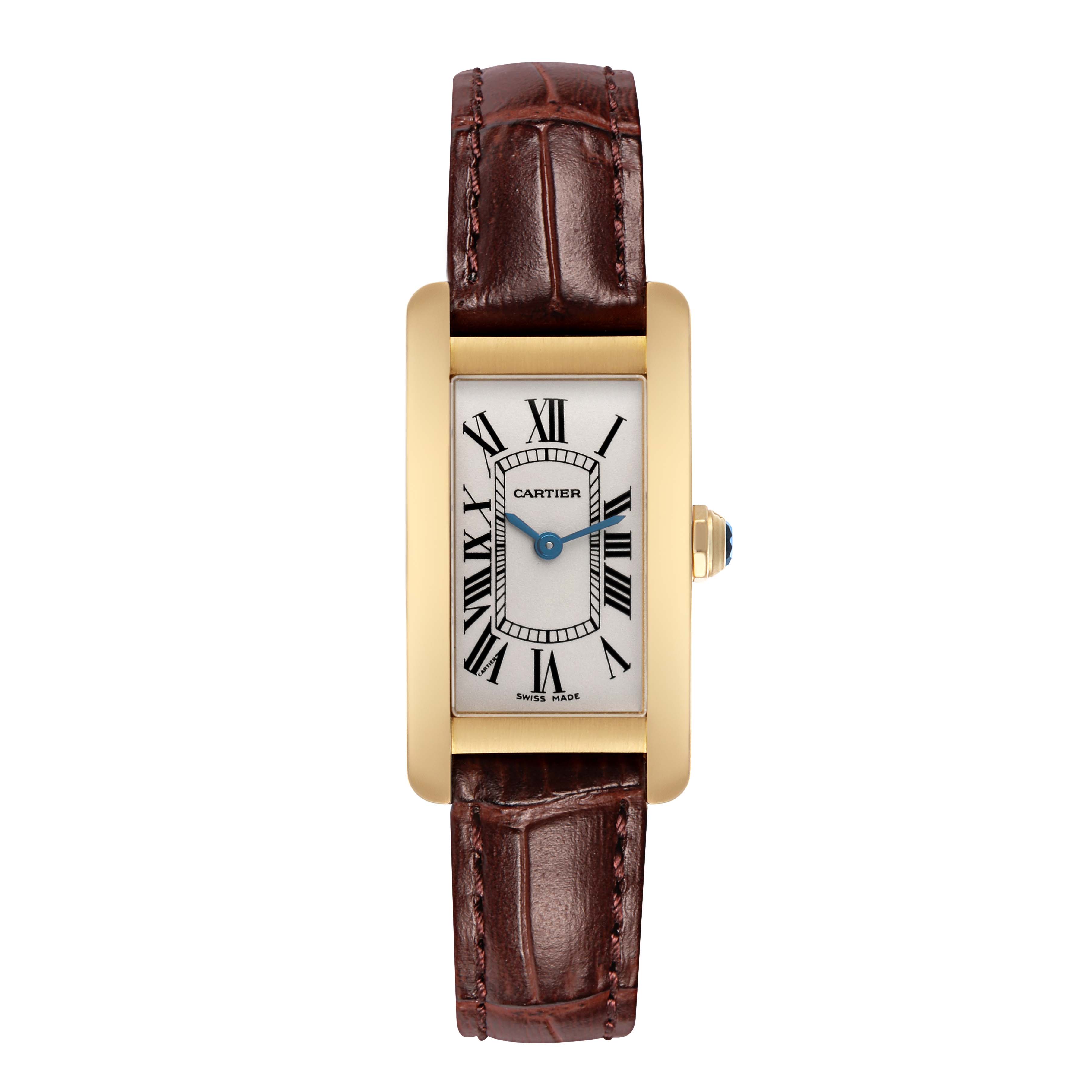 The Cartier Tank Americaine W2601556 Women's Yellow Gold Beige Dial watch is shown from a top-down angle, highlighting its face, gold case, and brown leather strap.