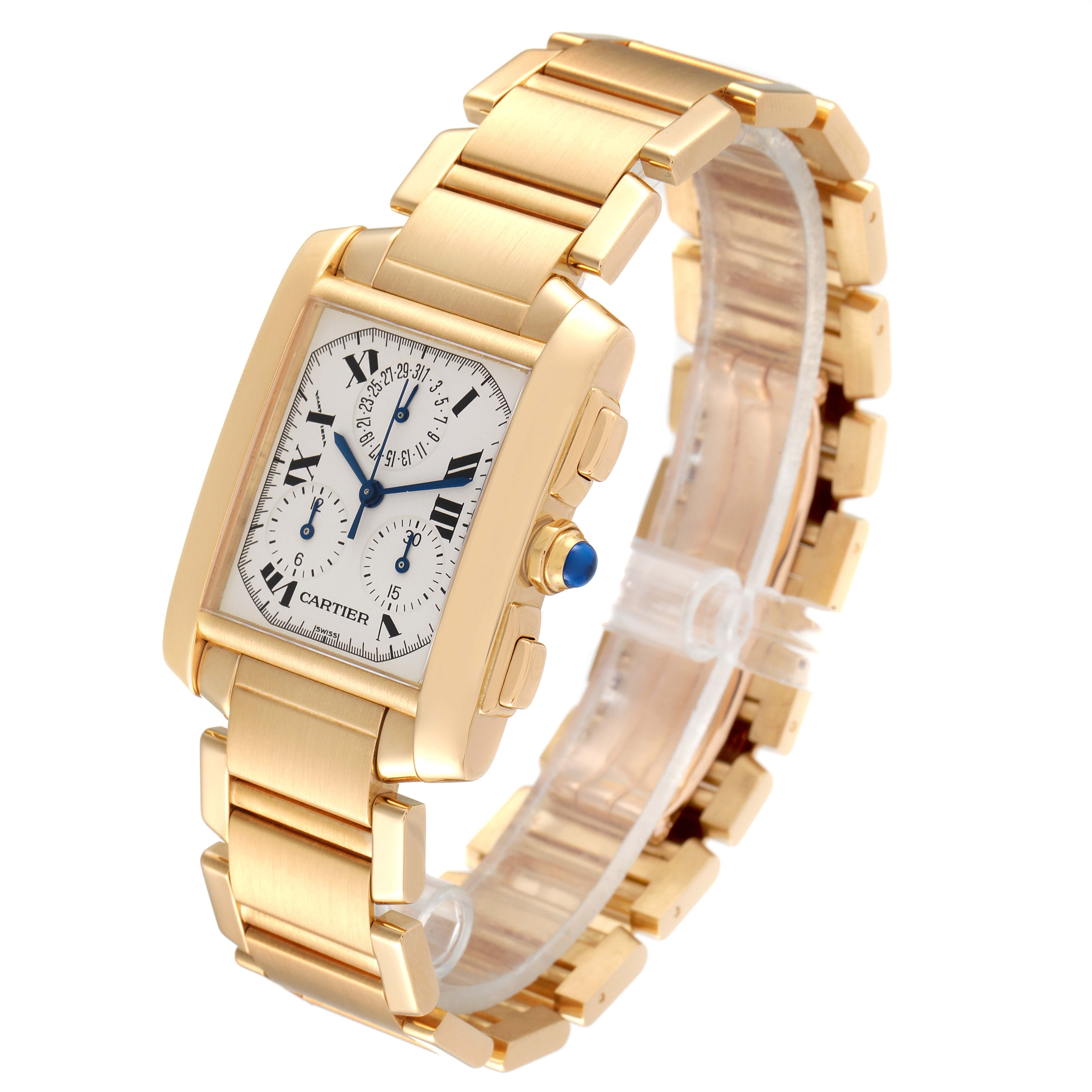 This Cartier Tank Francaise W50005R2 Men's Yellow Gold Silver Dial W50005R2 Men's Yellow Gold Silver Dial watch is shown at a slight angle, displaying its gold rectangular case and bracelet.