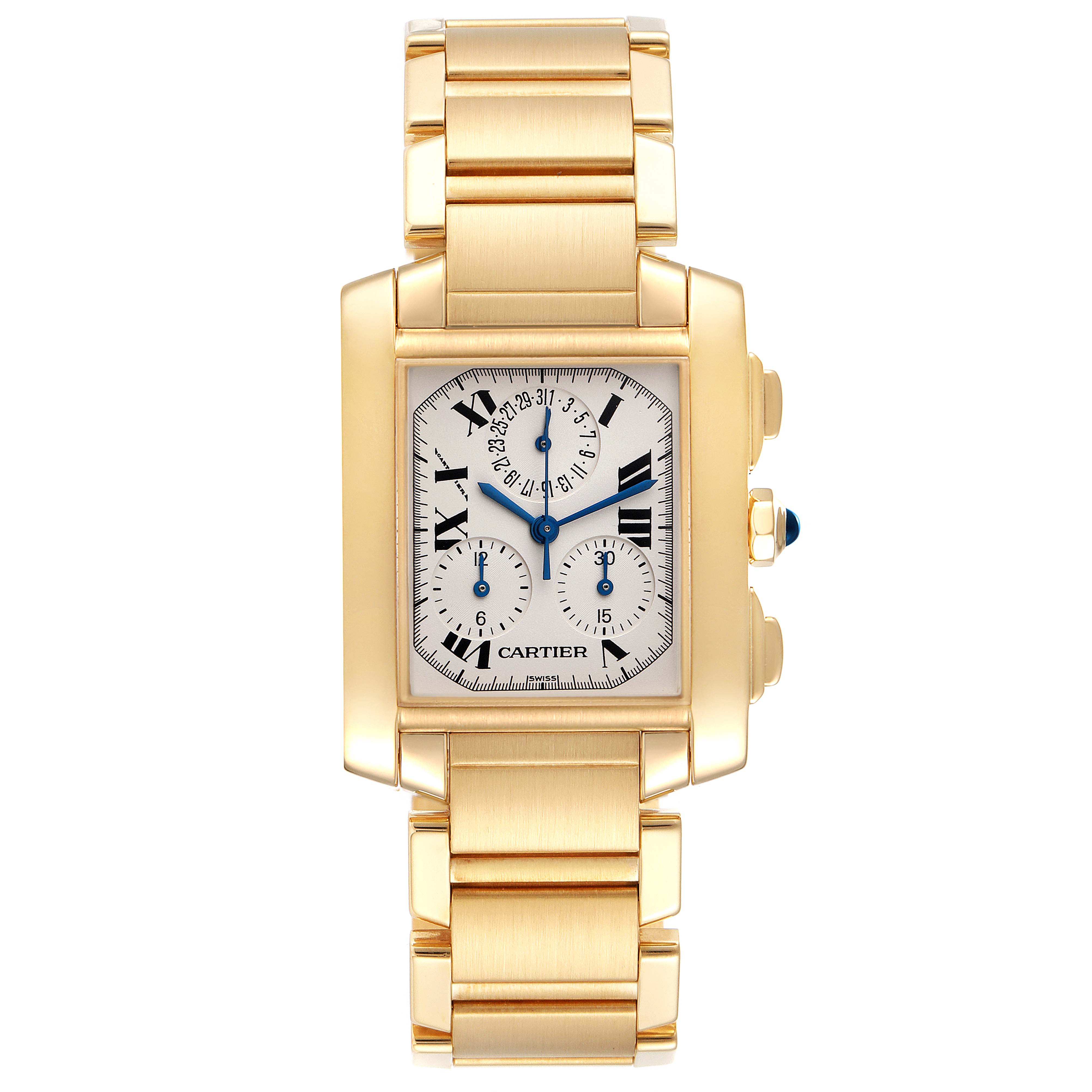 The image shows a front view of a gold Cartier Tank Francaise W50005R2 Men's Yellow Gold Silver Dial W50005R2 Men's Yellow Gold Silver Dial watch, displaying the dial, case, and bracelet.