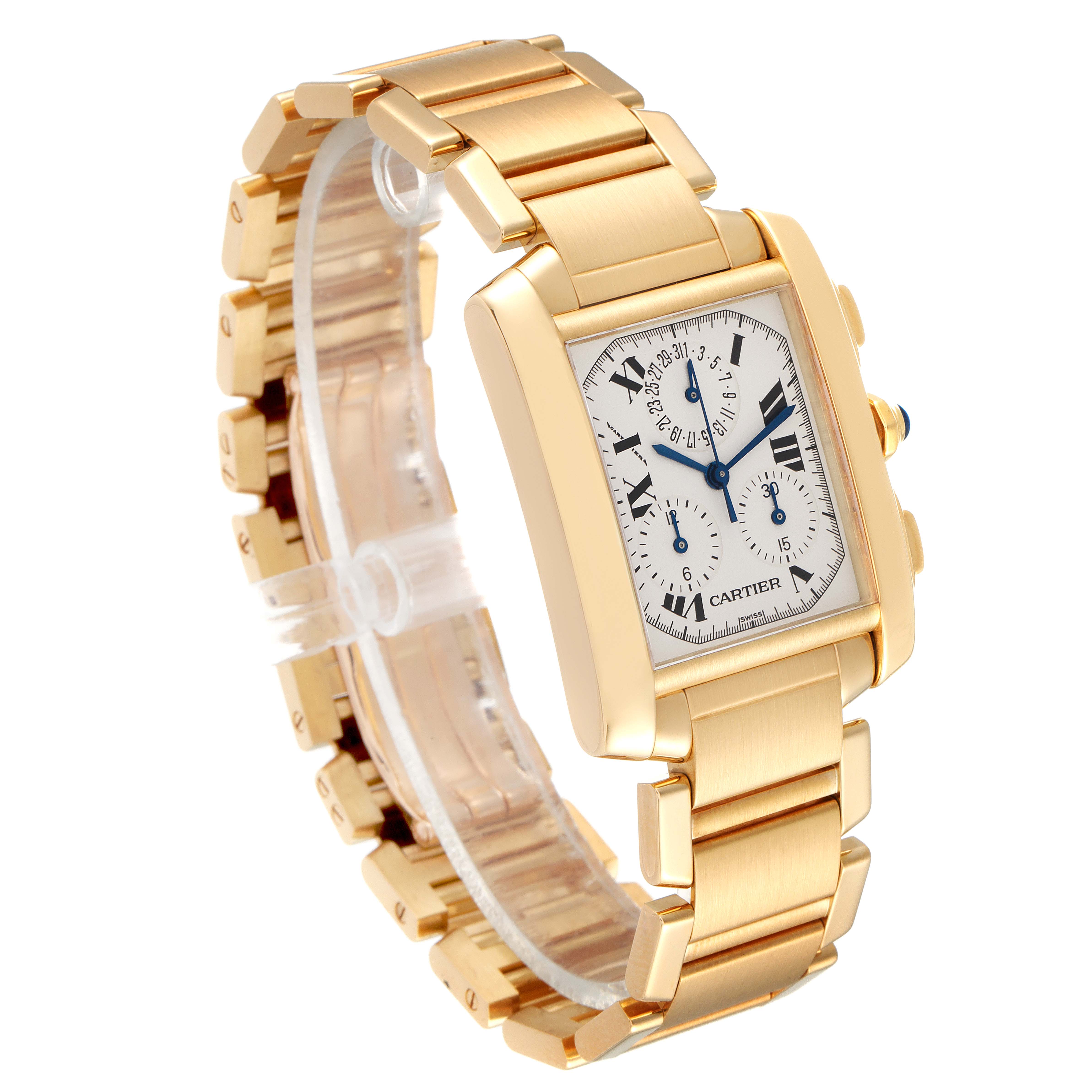 The image shows a close-up, angled view of the Cartier Tank Francaise W50005R2 Men's Yellow Gold Silver Dial W50005R2 Men's Yellow Gold Silver Dial watch, highlighting its gold bracelet and rectangular face.