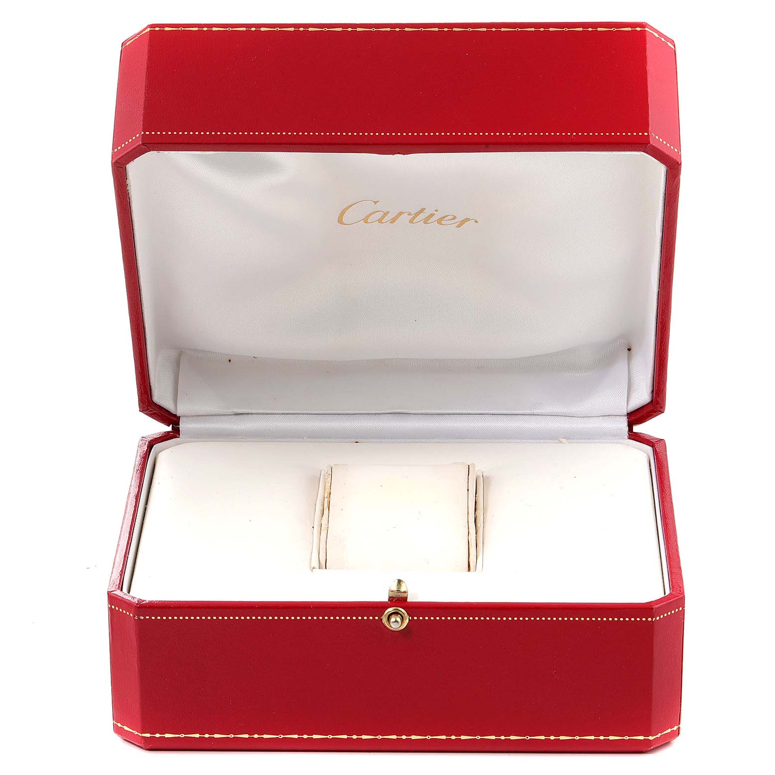 The image shows an empty red Cartier watch box for the Tank Francaise model.