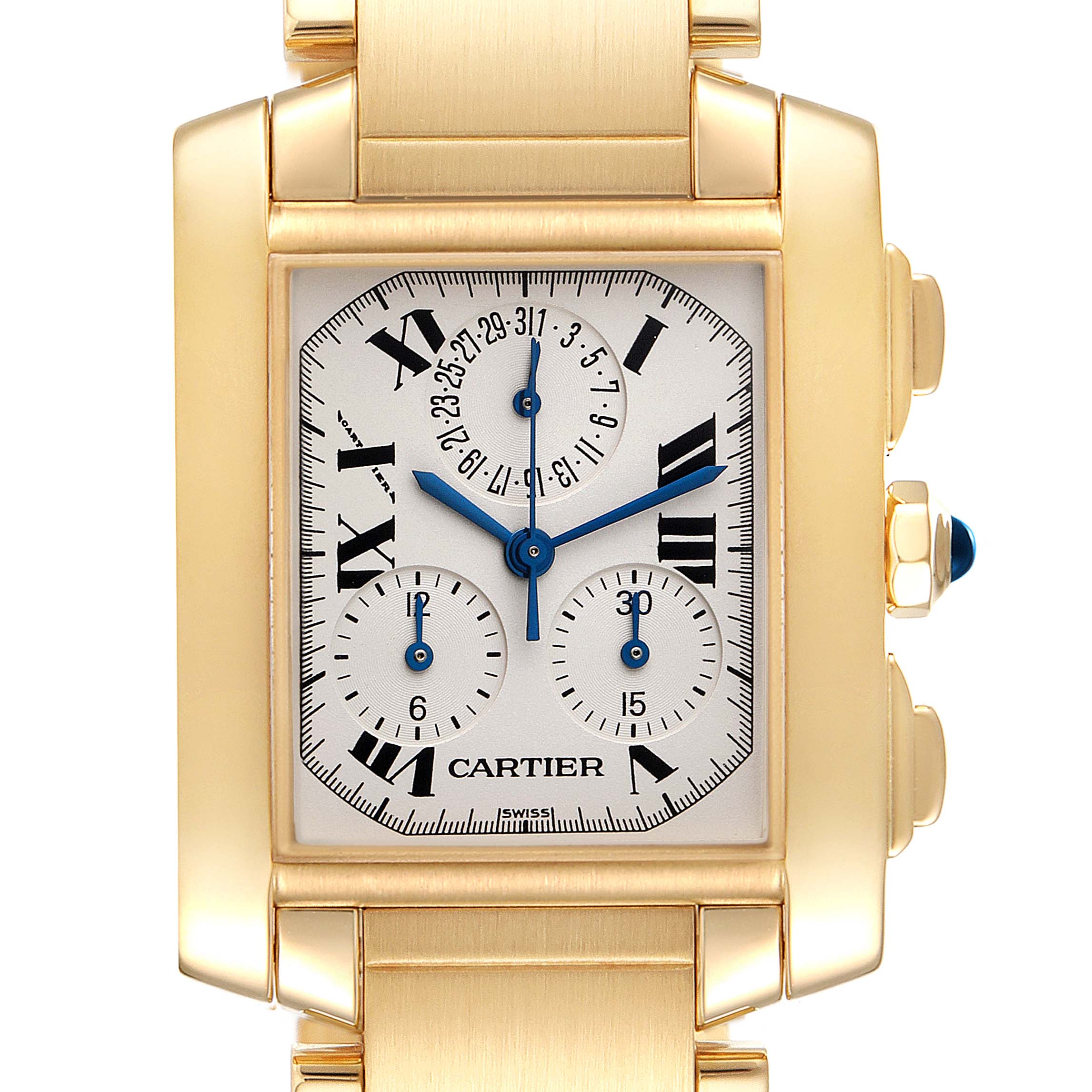 This is a front view of the Cartier Tank Francaise W50005R2 Men's Yellow Gold Silver Dial W50005R2 Men's Yellow Gold Silver Dial watch showing its face, chronograph dials, and part of the gold bracelet.