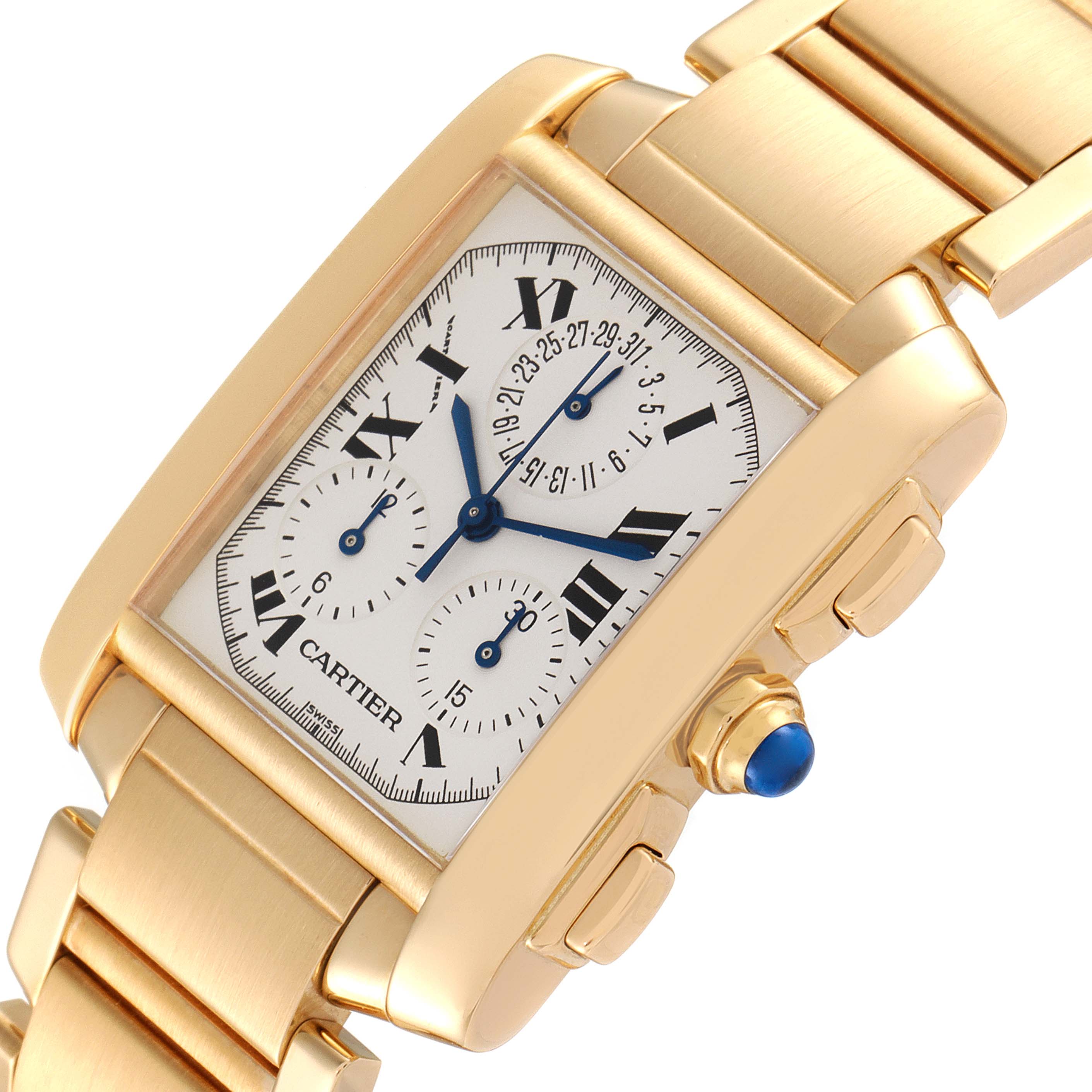 The image shows a Cartier Tank Française watch angled to display the face, bracelet, crown, and pushers.