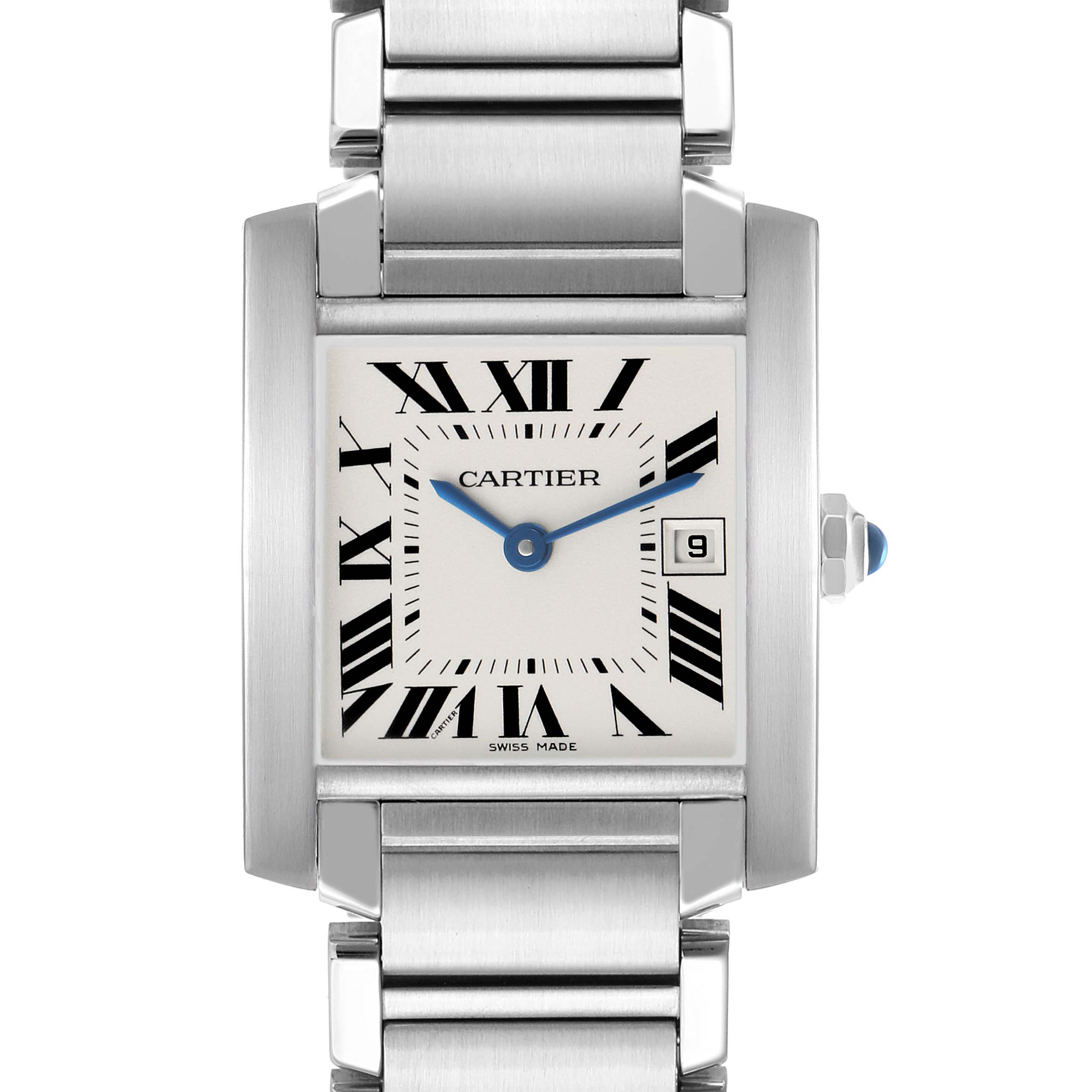 The Cartier Tank Française is shown from the front, highlighting the case, dial, and bracelet.