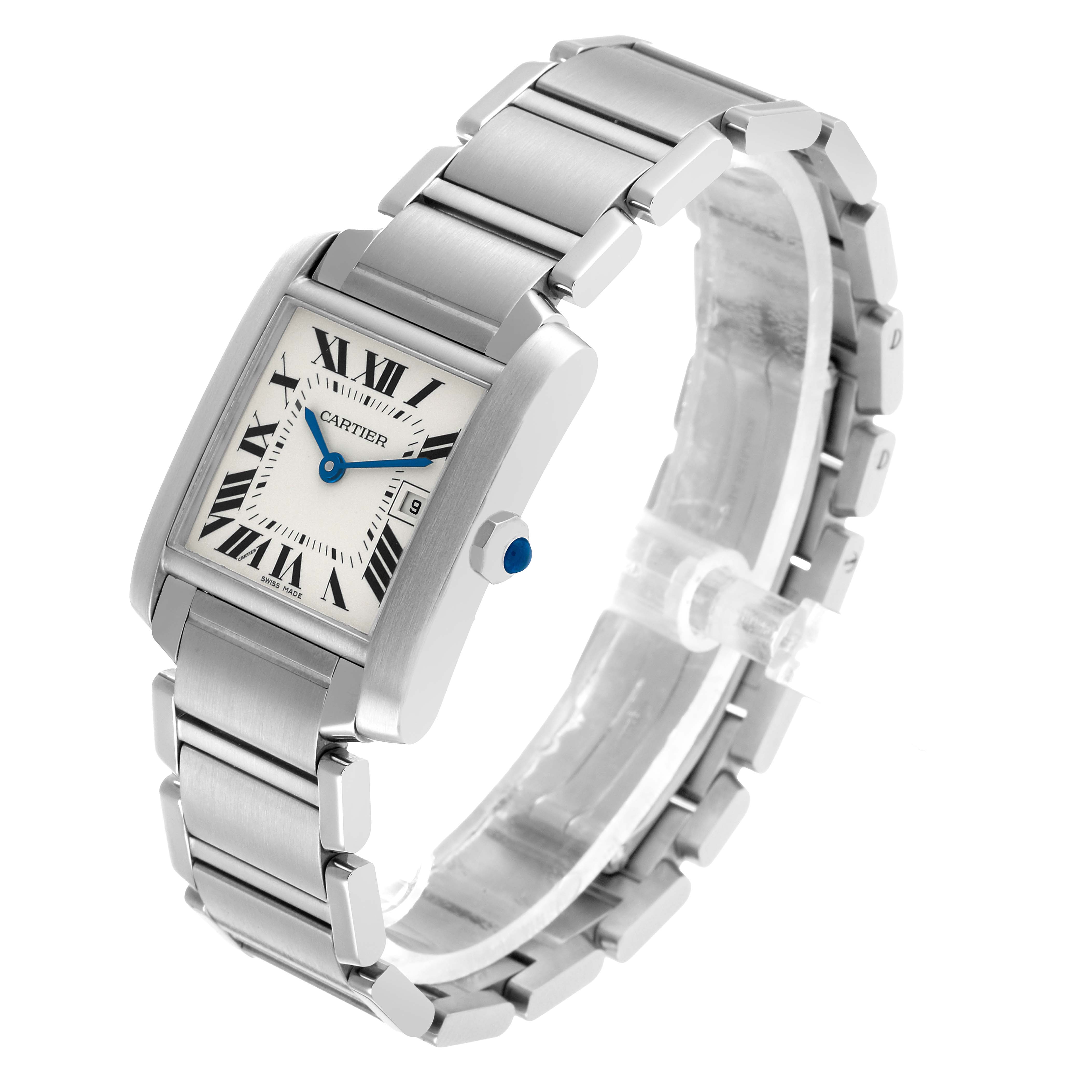 The Cartier Tank Française watch is shown at a three-quarter angle, displaying its rectangular face, metal bracelet, and side crown.