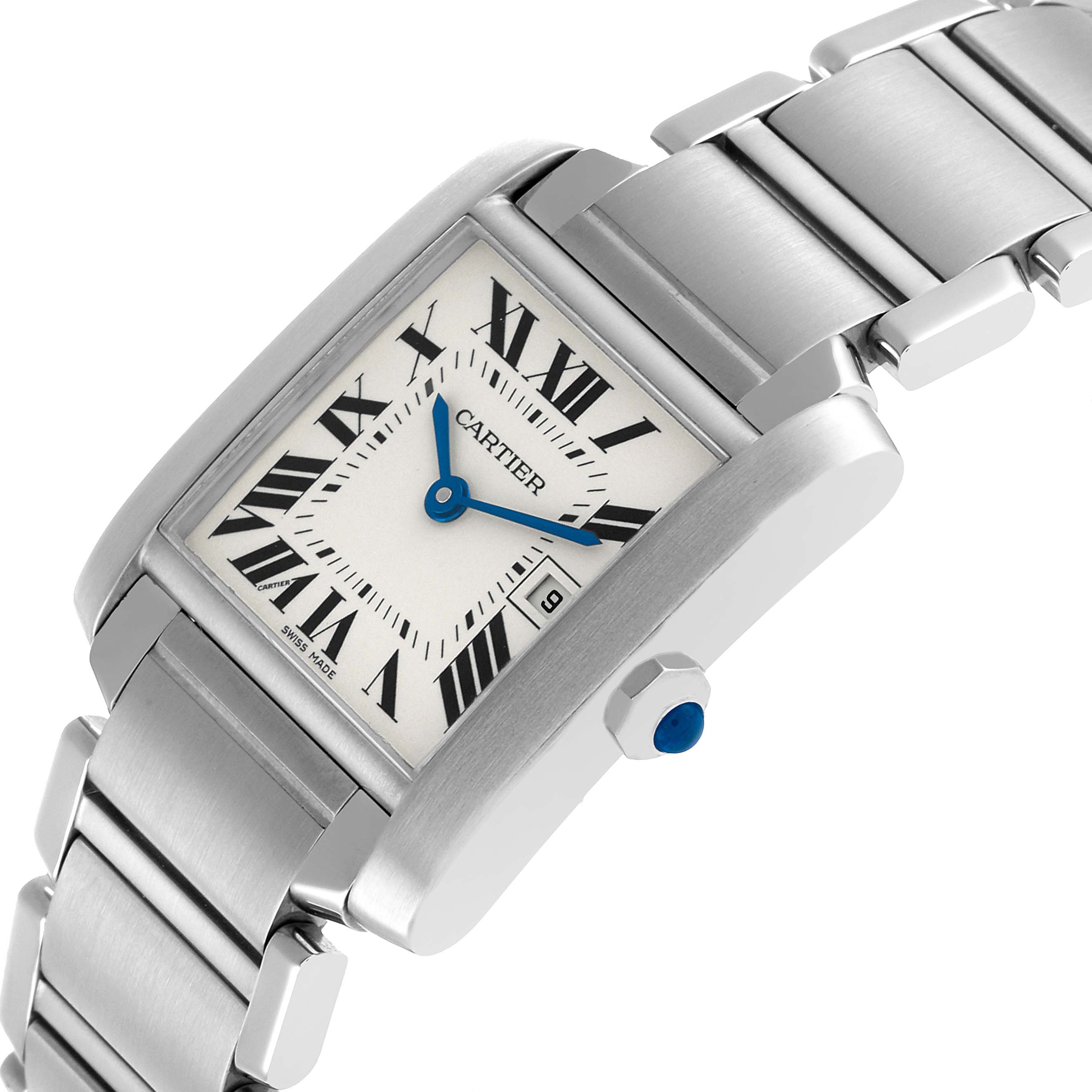 The Cartier Tank Française watch is shown at an angle highlighting the face, Roman numerals, and metal bracelet.