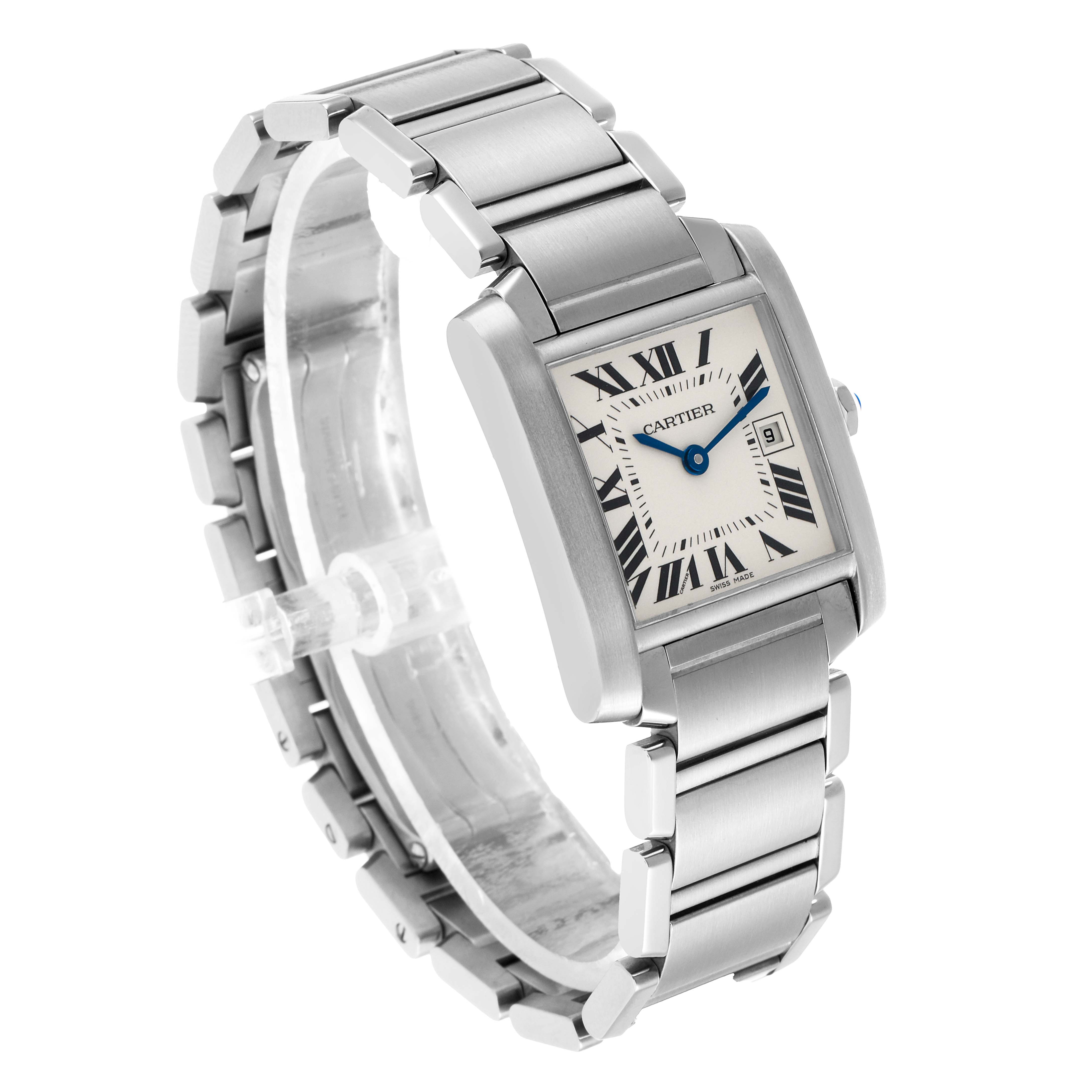 The Cartier Tank Francaise W51011Q3 Women's Stainless Steel Beige Dial watch is shown at a three-quarter angle, highlighting its face, bracelet, and side profile.