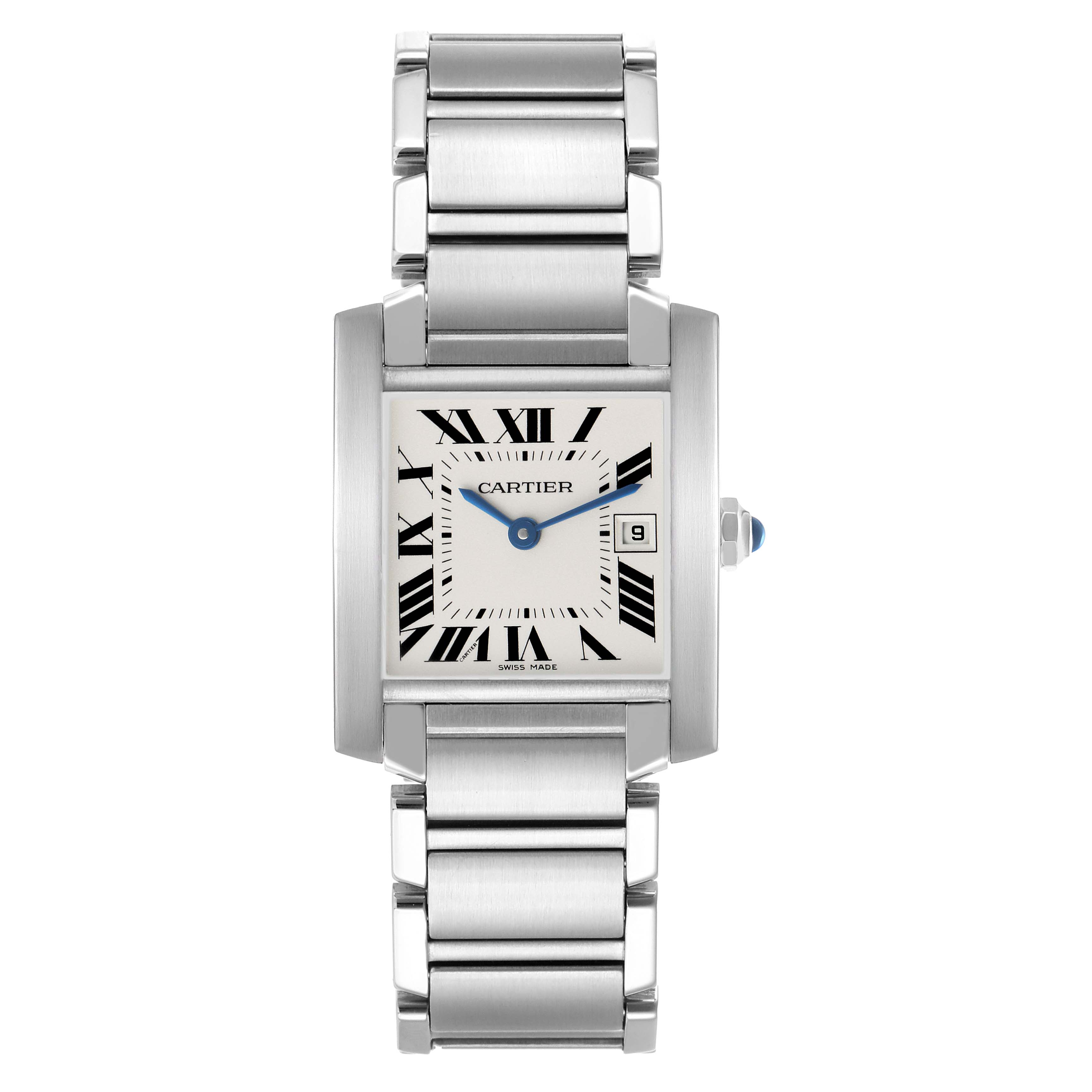 The Cartier Tank Française watch is shown from a front angle, displaying the face, bracelet, and crown.
