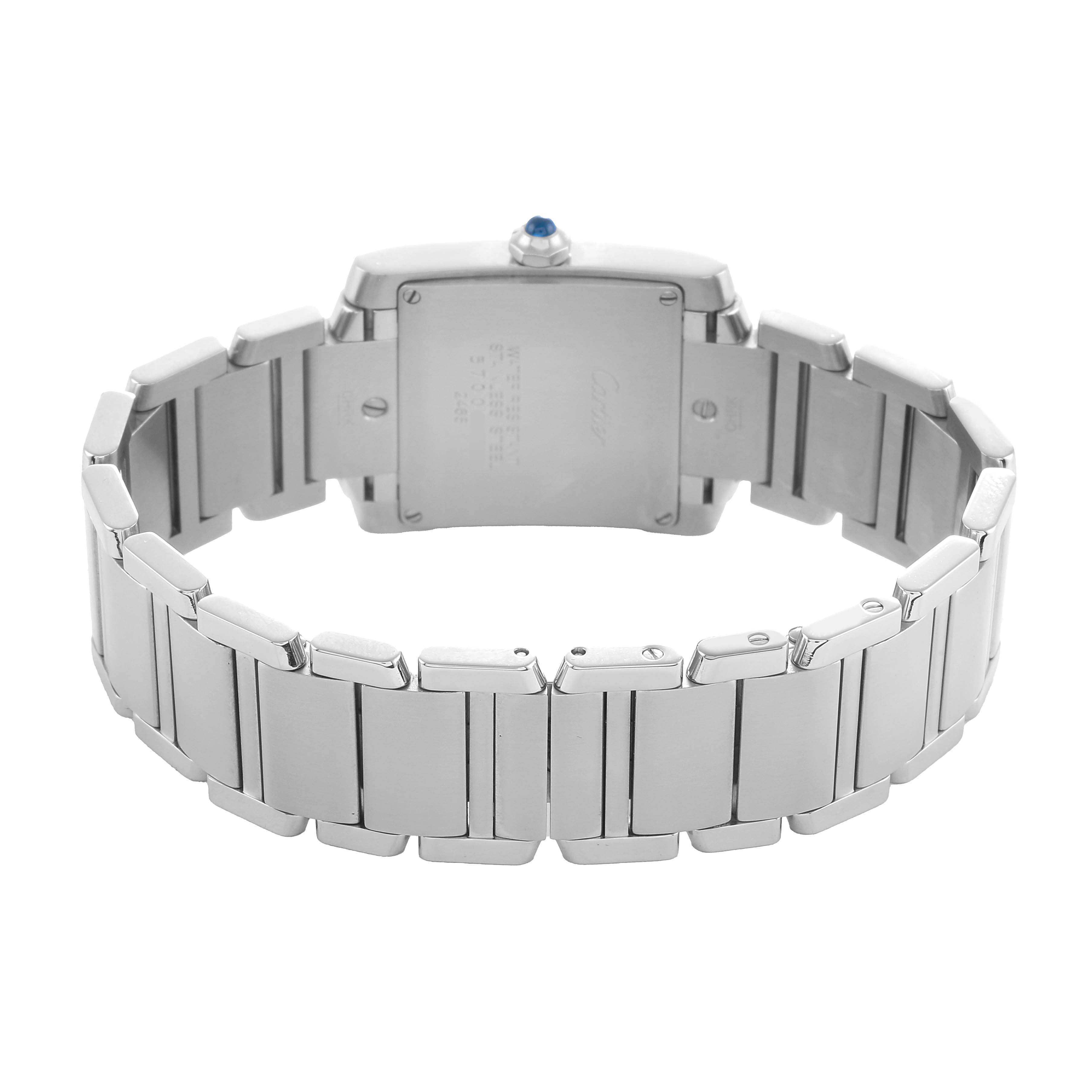 The image shows the back view of a Cartier Tank Francaise W51011Q3 Women's Stainless Steel Beige Dial watch, highlighting the metal bracelet and case back.