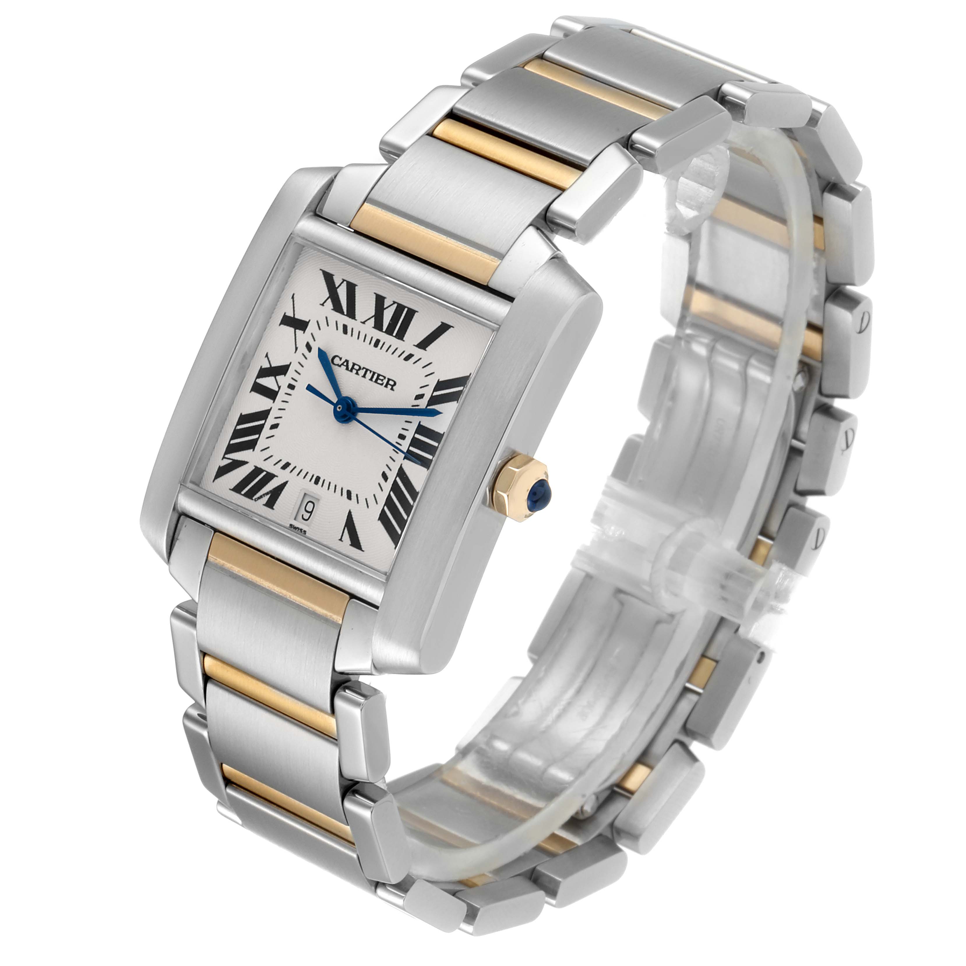 The Cartier Tank Française watch is shown from a three-quarter front angle, highlighting the rectangular face, Roman numerals, and metal bracelet.