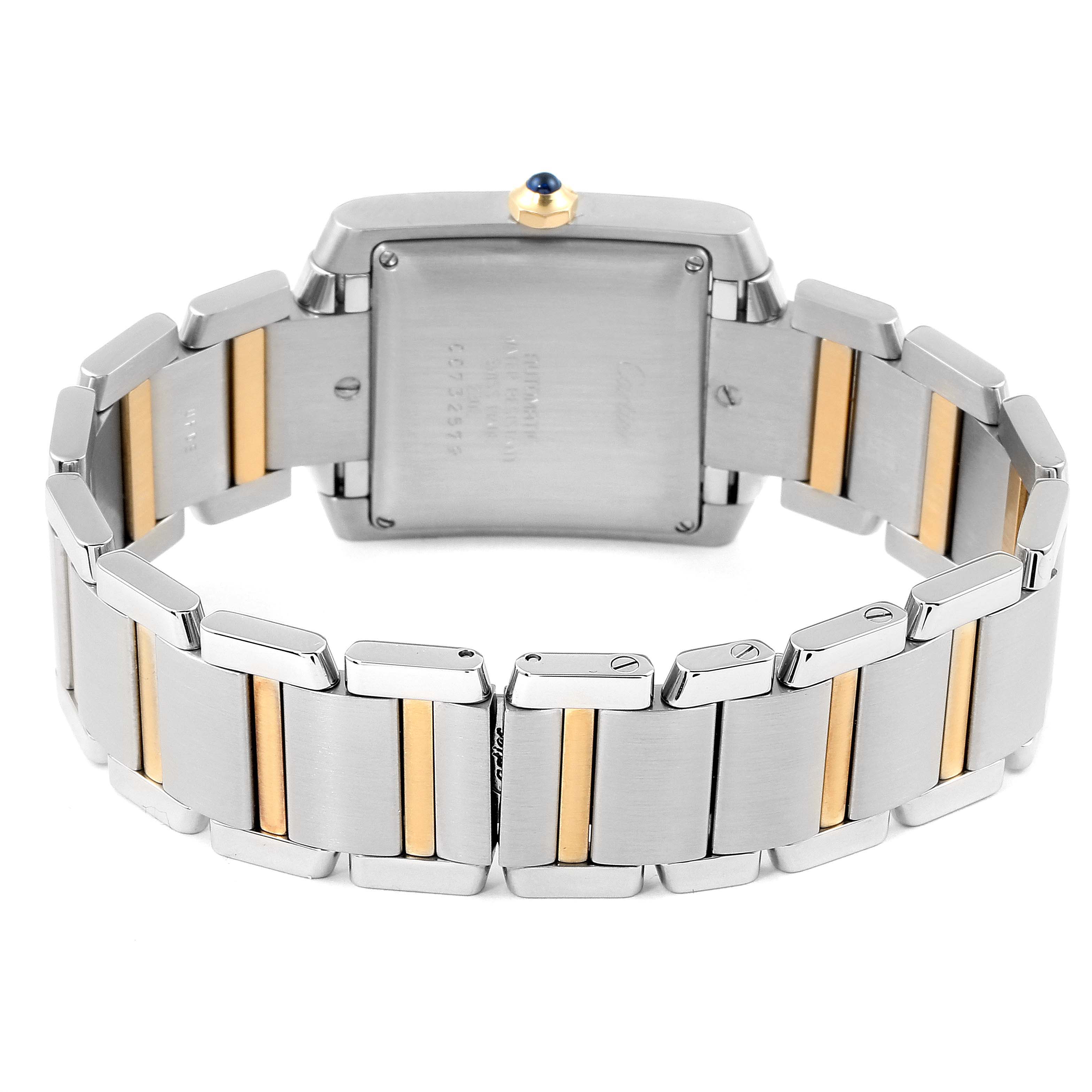 This image shows the back view of the Tank Francaise watch by Cartier, showcasing its caseback and metal bracelet.