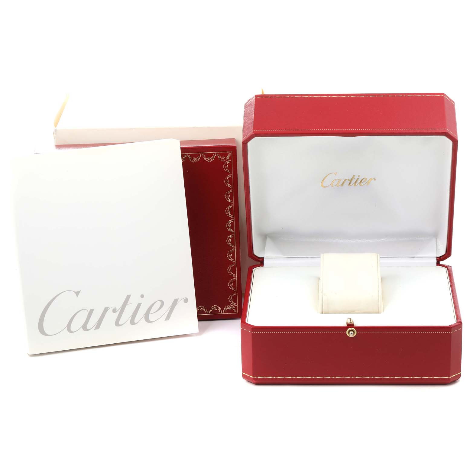 The image shows the packaging, including a red Cartier box and white booklet for the Tank Francaise model by Cartier.