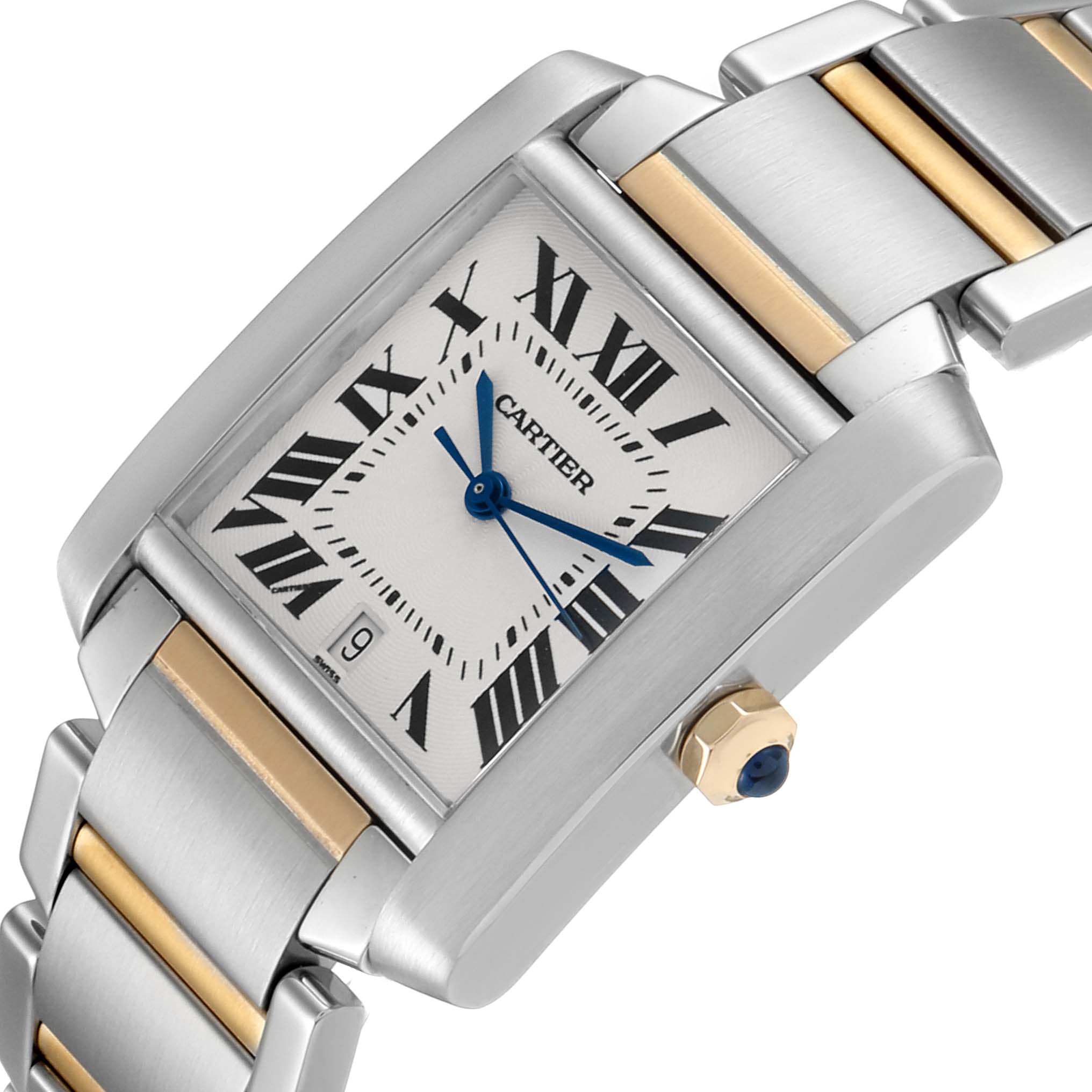 The Tank Francaise by Cartier is shown at an angled view highlighting its face, bracelet, and crown.