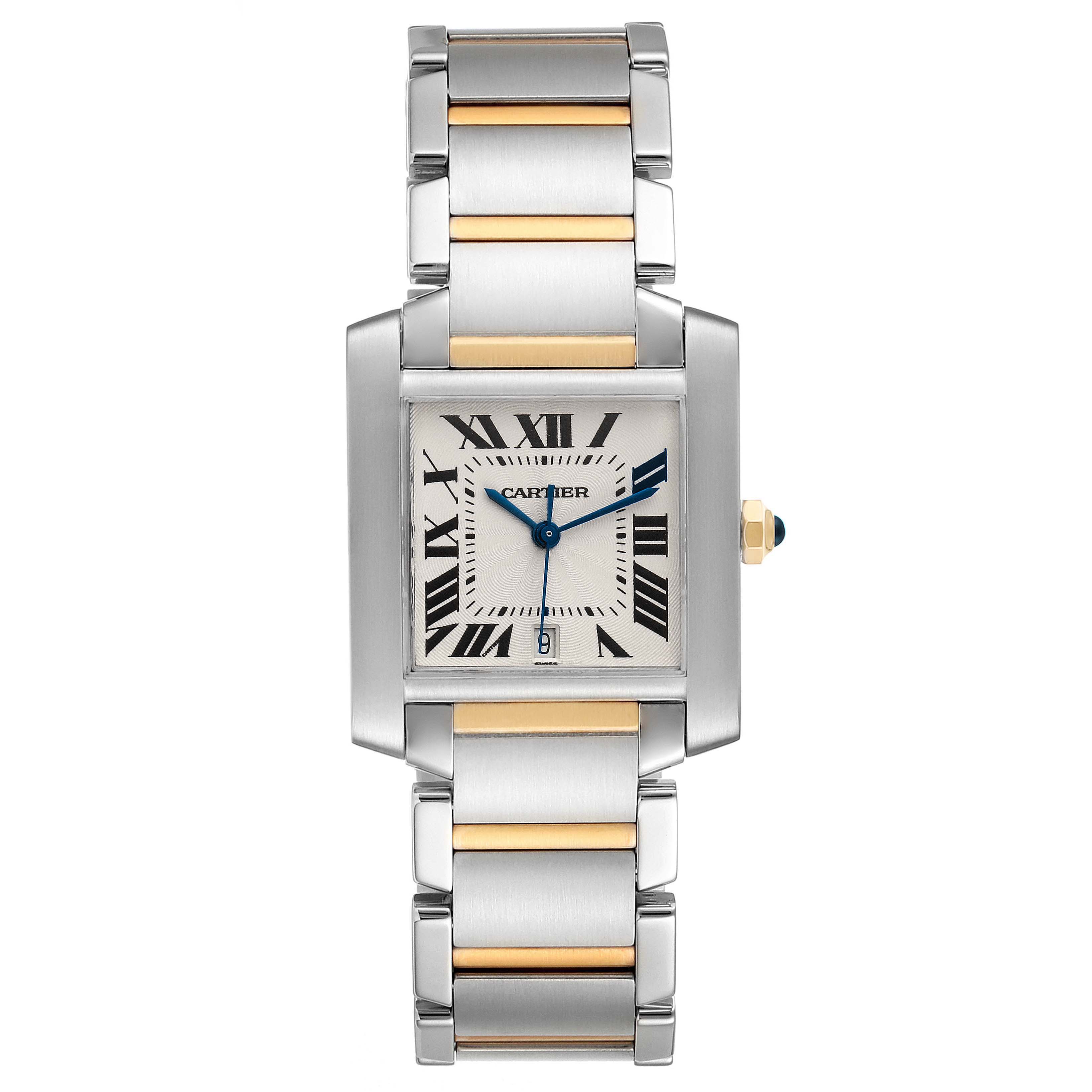 This image shows a head-on view of the Cartier Tank Française watch, displaying its face and metal bracelet.