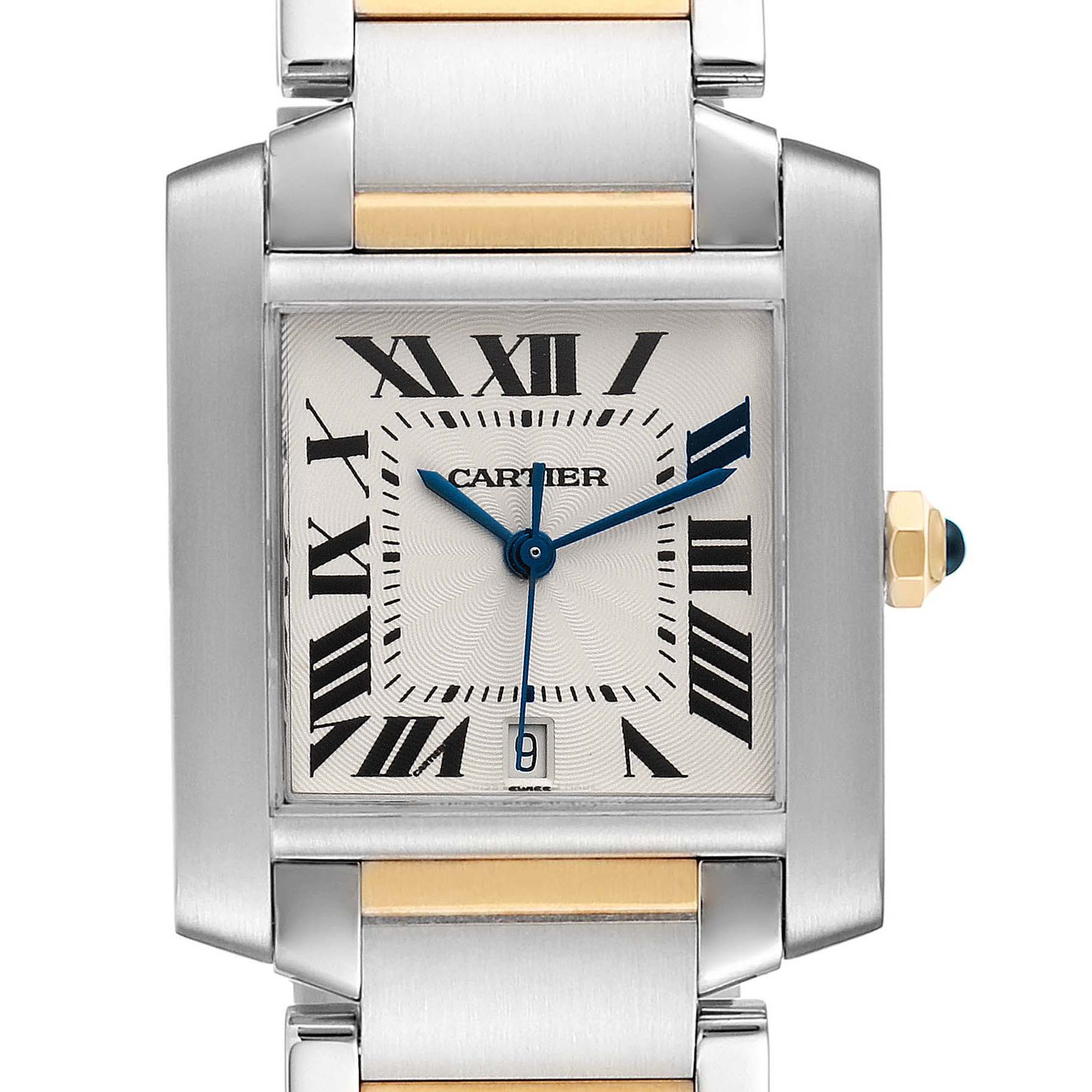 The image shows a close-up of the Cartier Tank Française watch face, highlighting its rectangular dial, Roman numerals, and stainless steel with gold accents.
