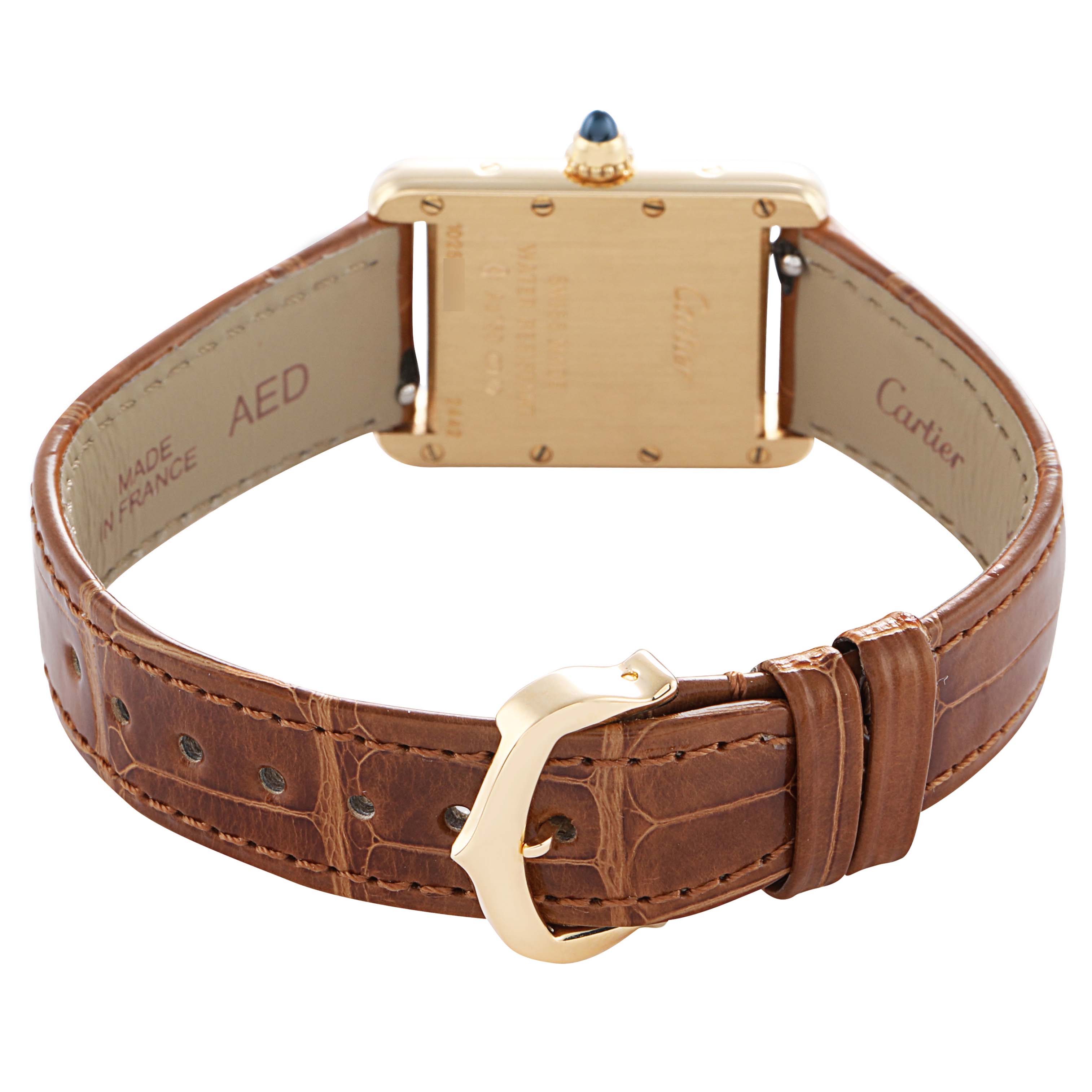 The image shows the back view of a Cartier Tank Louis W1529856 Women's Yellow Gold Beige Dial watch, highlighting the case, buckle, and brown leather strap.