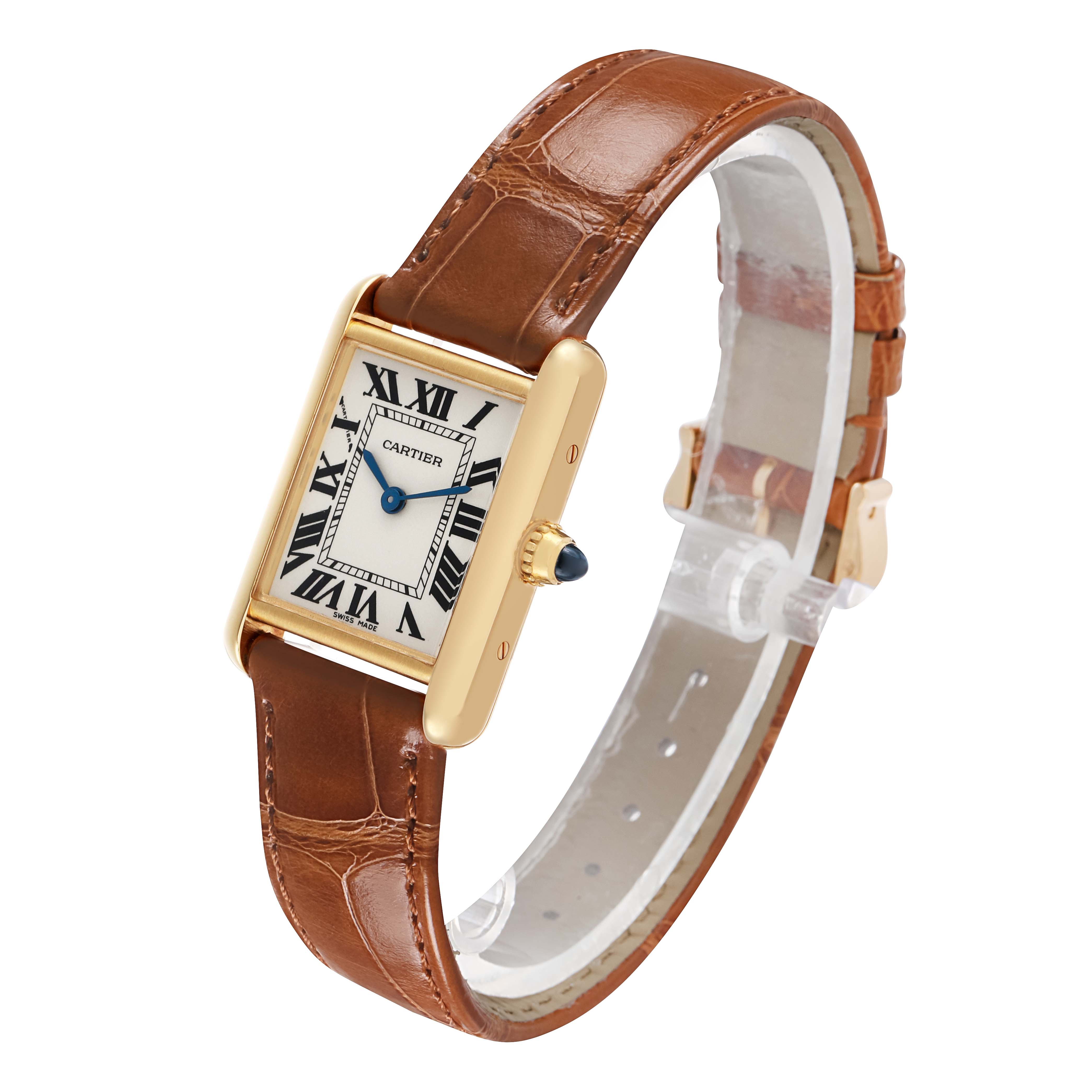 The Cartier Tank Louis W1529856 Women's Yellow Gold Beige Dial watch is shown at a three-quarter angle, displaying its face, case, crown, and brown leather strap.