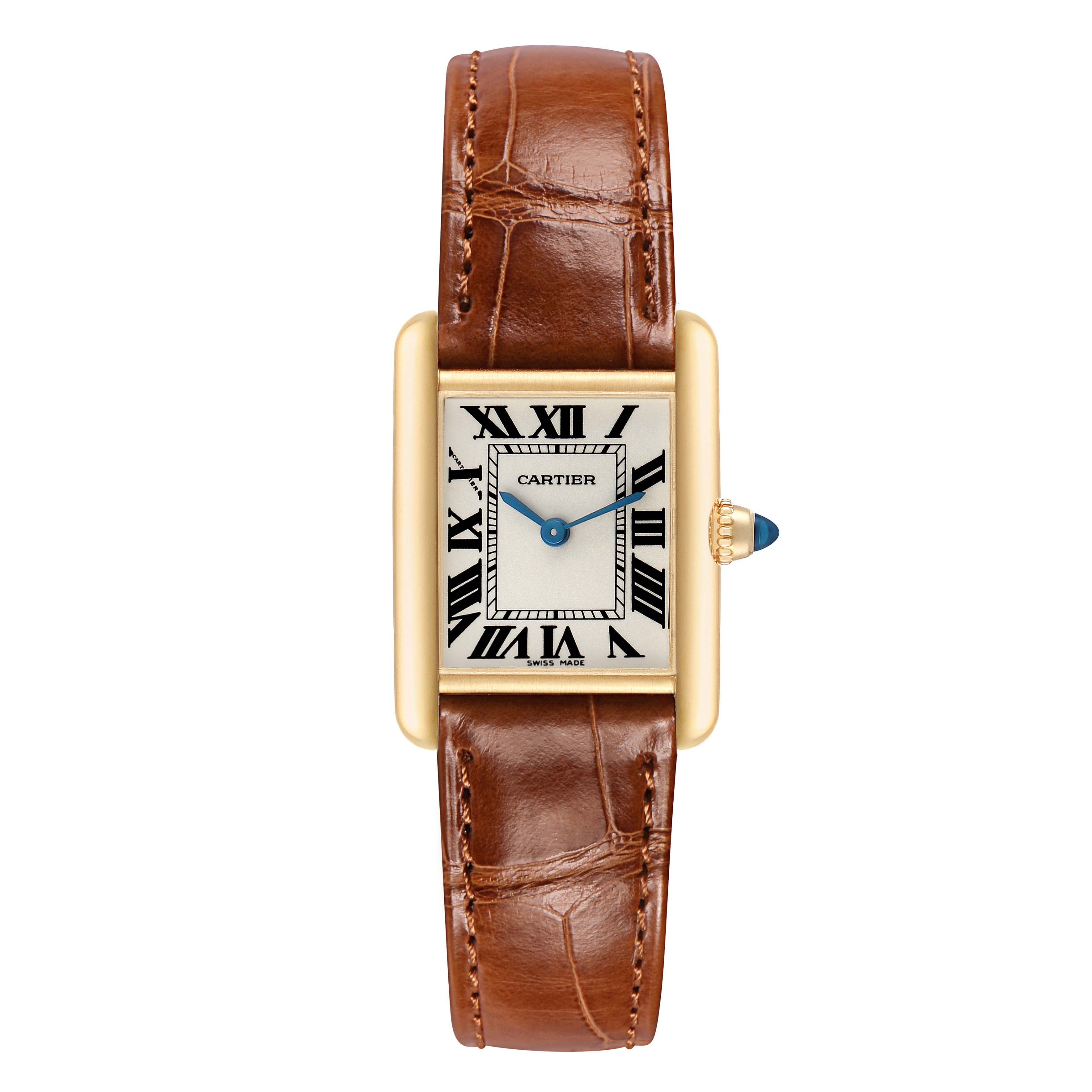 The Cartier Tank Louis W1529856 Women's Yellow Gold Beige Dial watch is shown from a top-down angle, displaying the dial, case, crown, and brown leather strap.