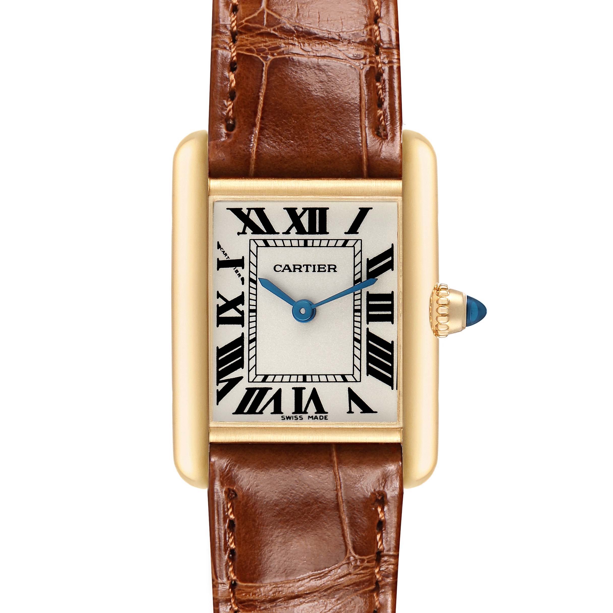 The Cartier Tank Louis W1529856 Women's Yellow Gold Beige Dial watch is shown from a top-down angle, highlighting the rectangular face, Roman numerals, and brown leather strap.