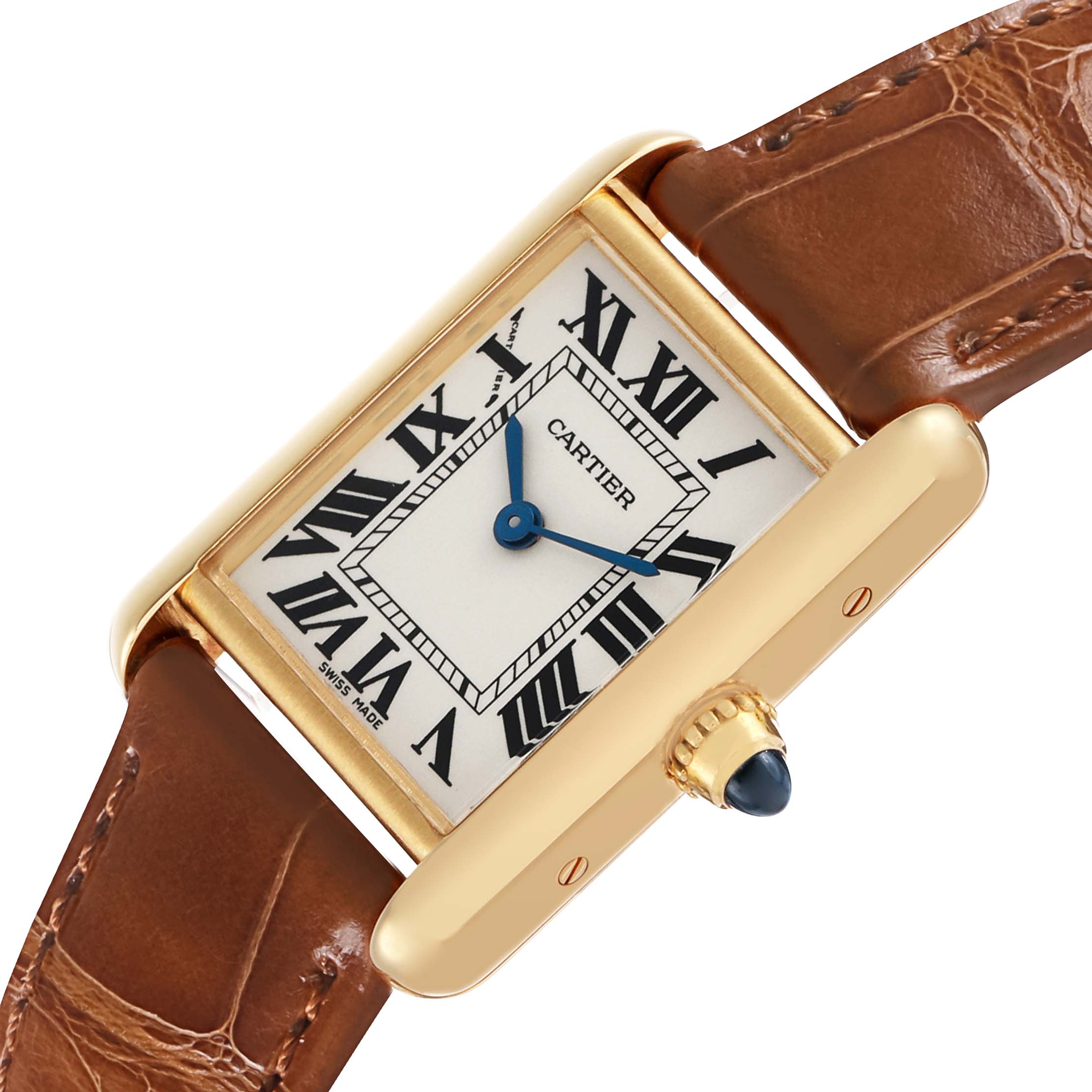 The Cartier Tank Louis W1529856 Women's Yellow Gold Beige Dial watch is shown at an angled view, highlighting its gold case, blue hands, Roman numerals, and brown leather strap.