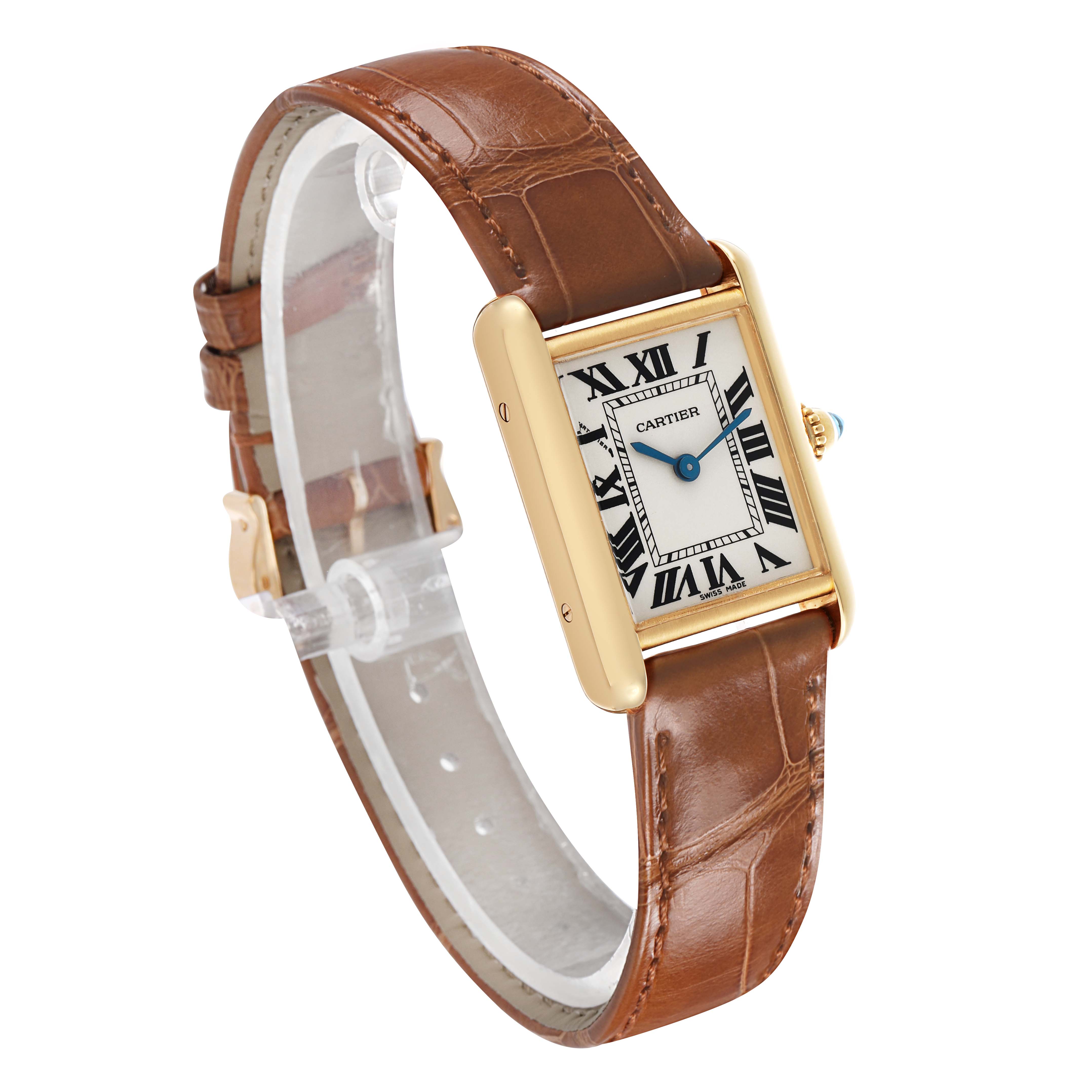 The Cartier Tank Louis W1529856 Women's Yellow Gold Beige Dial watch is shown at an angle highlighting the gold case, Roman numeral dial, blue hands, and brown leather strap.
