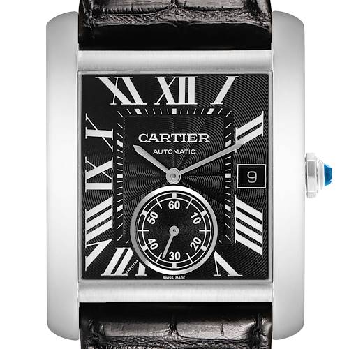 The Cartier Tank MC W5330004 Men's Stainless Steel Black Dial watch is shown from the front, featuring the face, bezel, crown, and part of the strap.