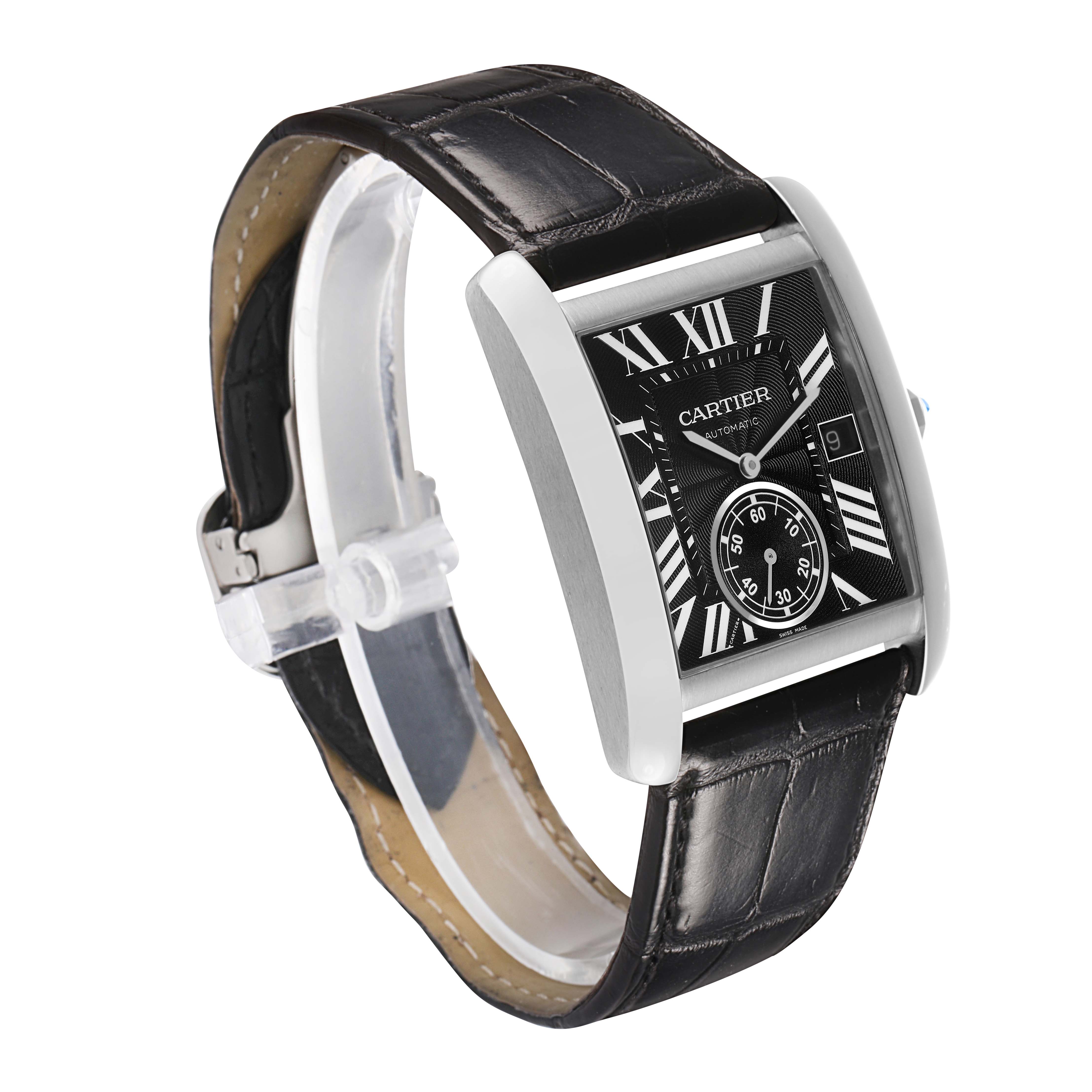 The Cartier Tank MC W5330004 Men's Stainless Steel Black Dial watch is shown at a three-quarter angle, displaying the face, case, strap, and crown.