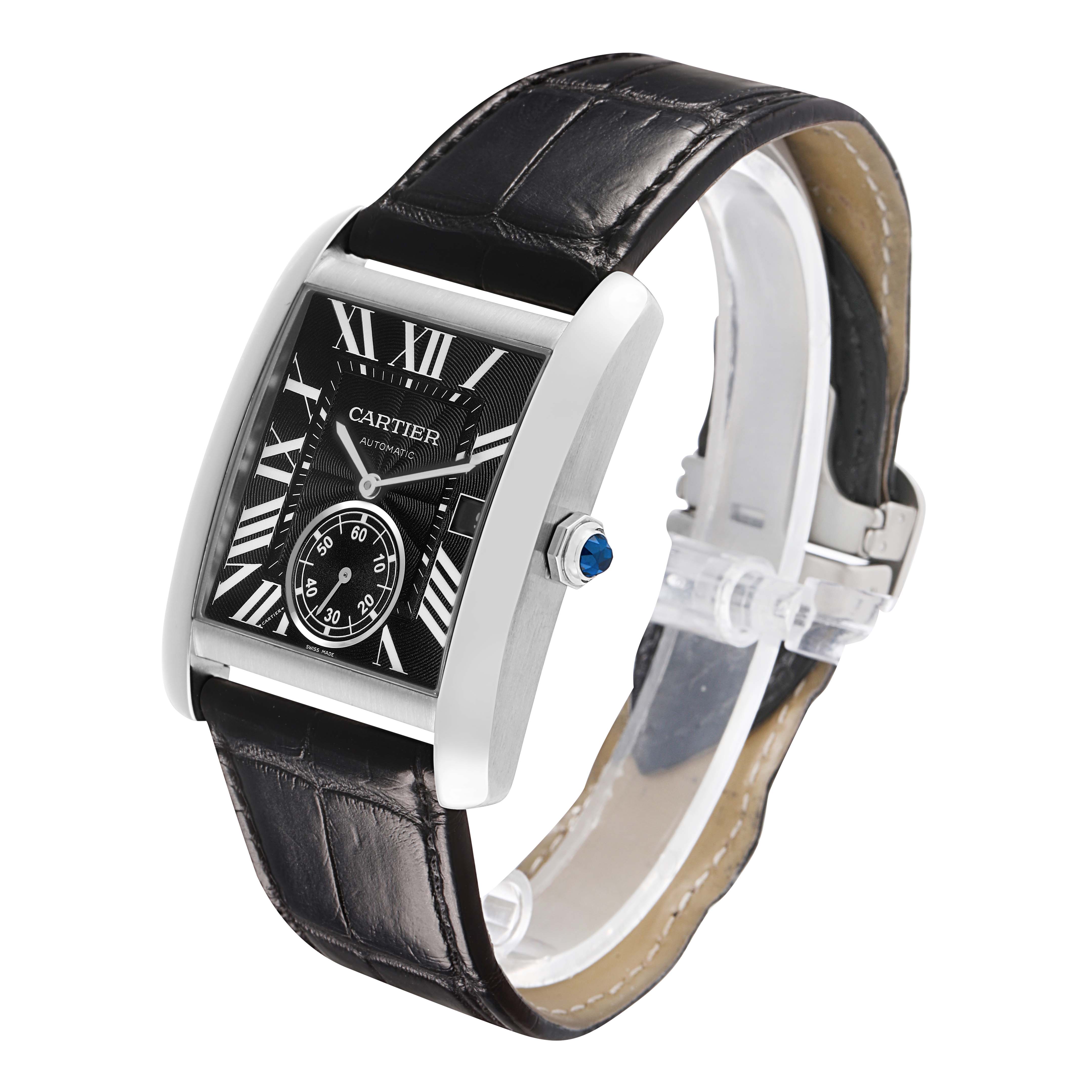 The Cartier Tank MC W5330004 Men's Stainless Steel Black Dial watch is shown at a three-quarter angle, displaying the face, crown, and leather strap.