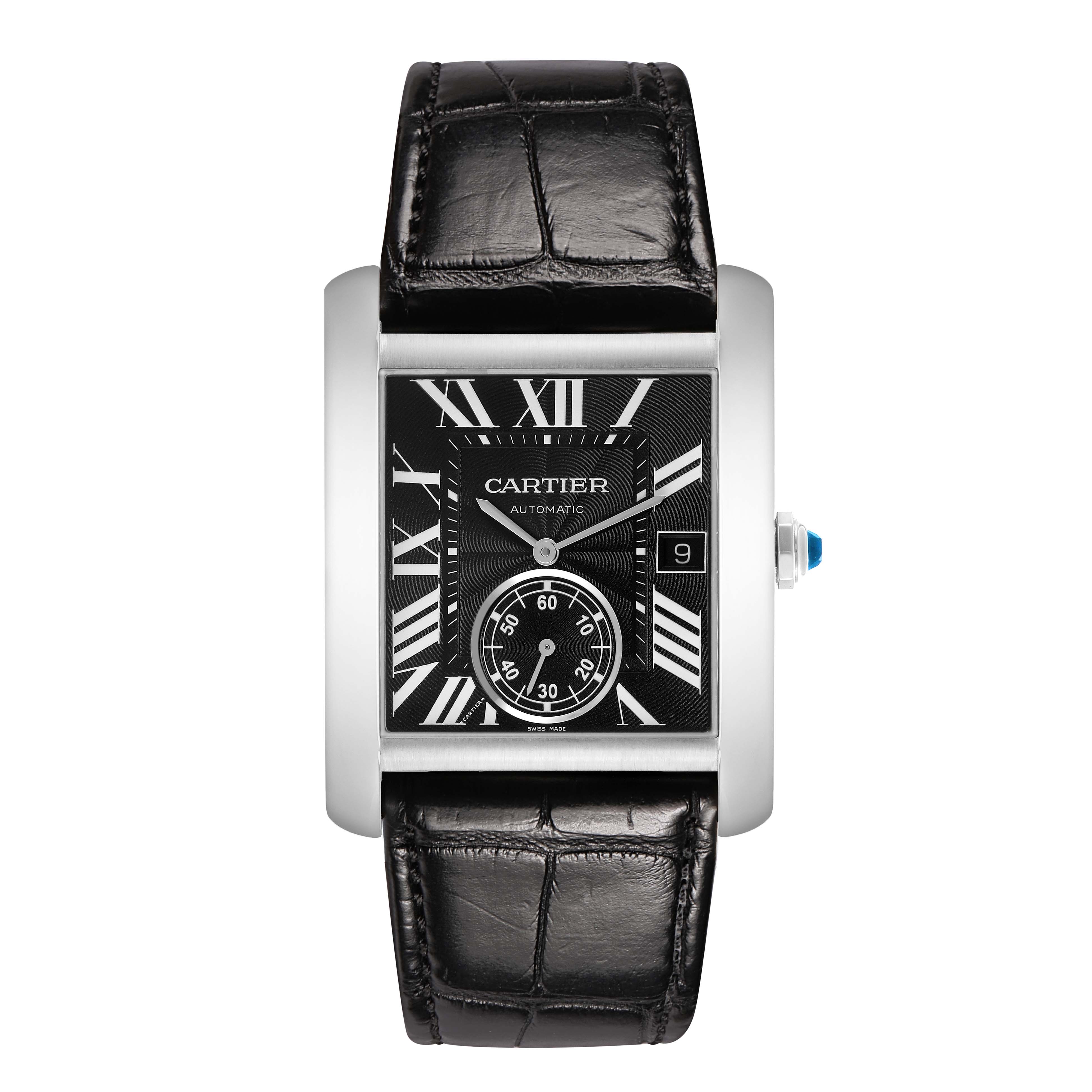 The Cartier Tank MC W5330004 Men's Stainless Steel Black Dial watch is shown from the front, highlighting its rectangular face, Roman numerals, and black leather strap.
