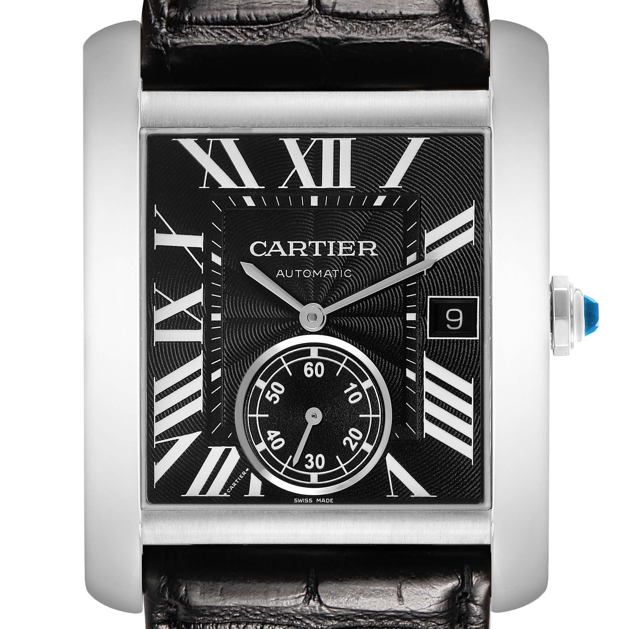 The Cartier Tank MC W5330004 Men's Stainless Steel Black Dial watch is shown from a front view, displaying its face, Roman numerals, date window, and leather strap.