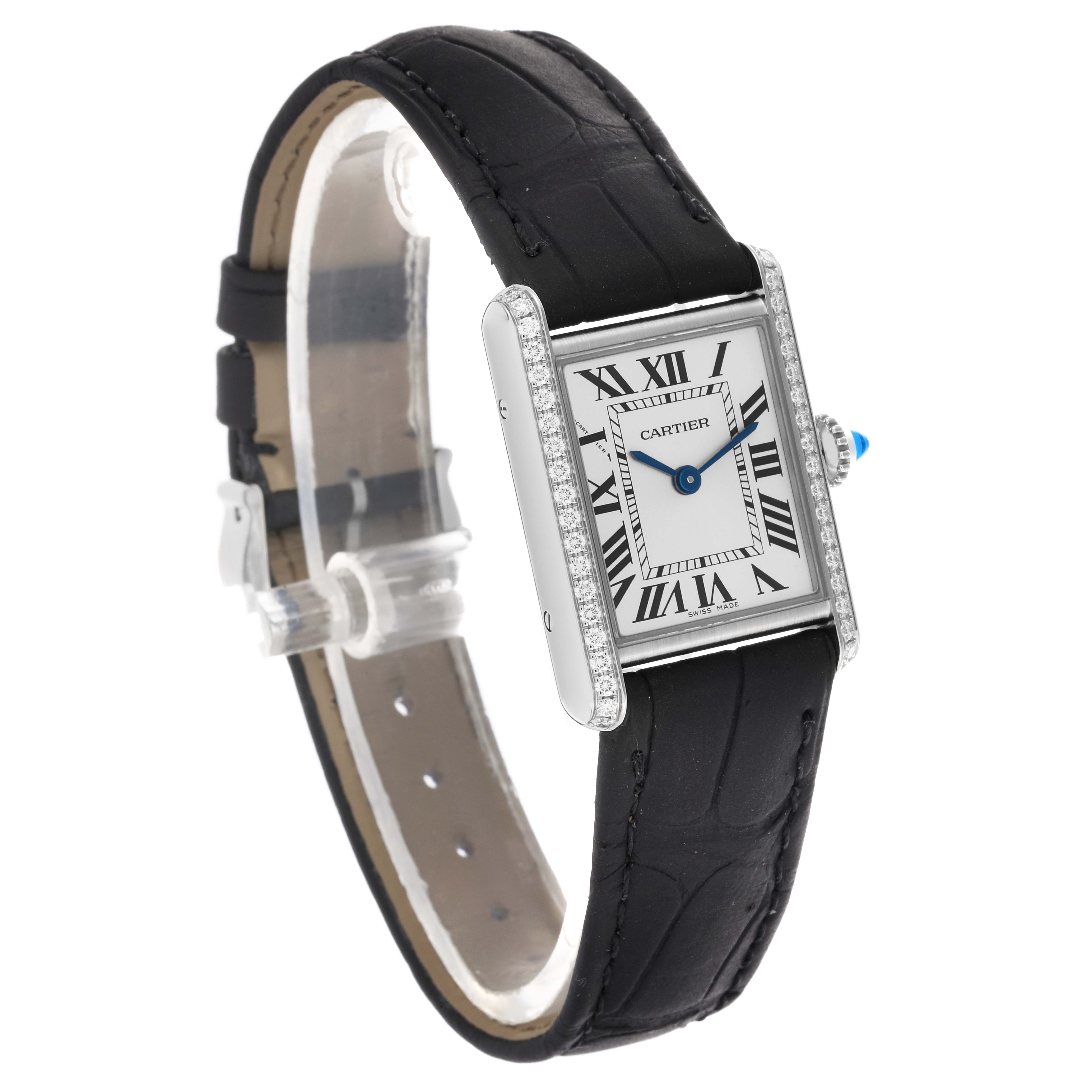 The Cartier Tank Must W4TA0016 Women
s Stainless Steel Silver Dial W4TA0016 Women
s Stainless Steel Silver Dial watch is shown at a three-quarter angle, highlighting the face, strap, and side view detailing.