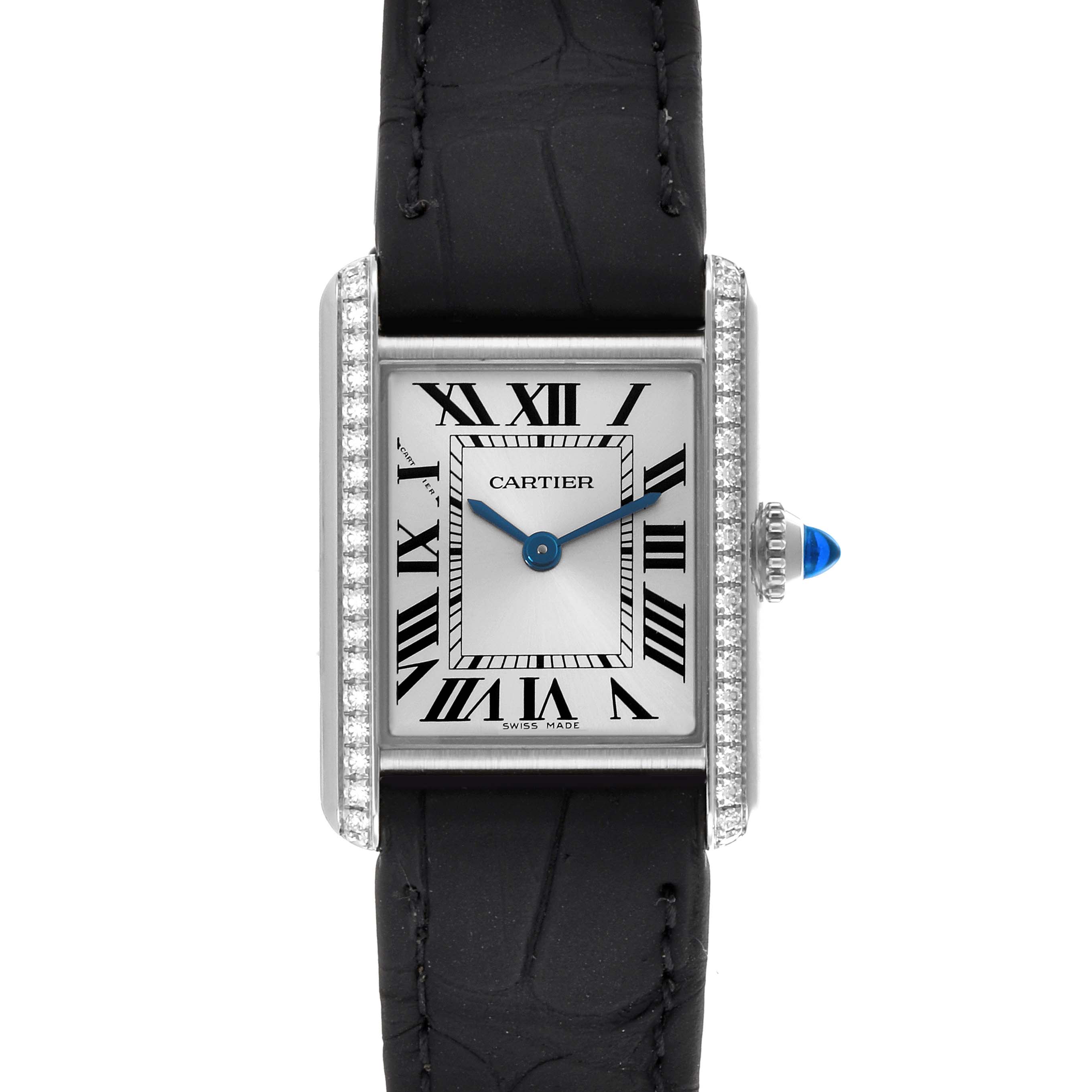 The Cartier Tank Must W4TA0016 Women
s Stainless Steel Silver Dial W4TA0016 Women
s Stainless Steel Silver Dial watch is shown from the front, highlighting the dial, black strap, bejeweled case, and blue crown.