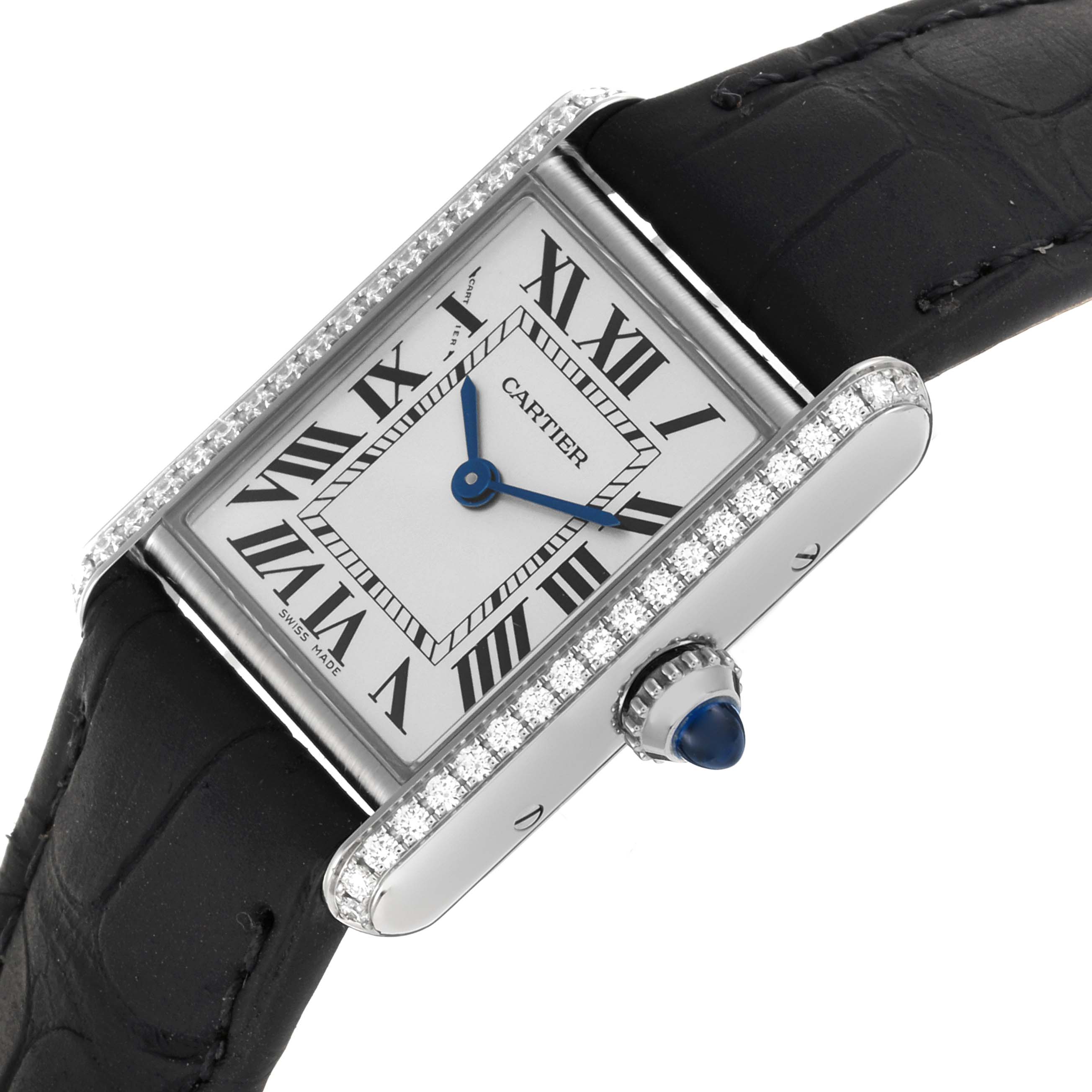 The Cartier Tank Must W4TA0016 Women
s Stainless Steel Silver Dial W4TA0016 Women
s Stainless Steel Silver Dial watch is shown at an angle highlighting the rectangular face, Roman numerals, and diamond-set bezel.