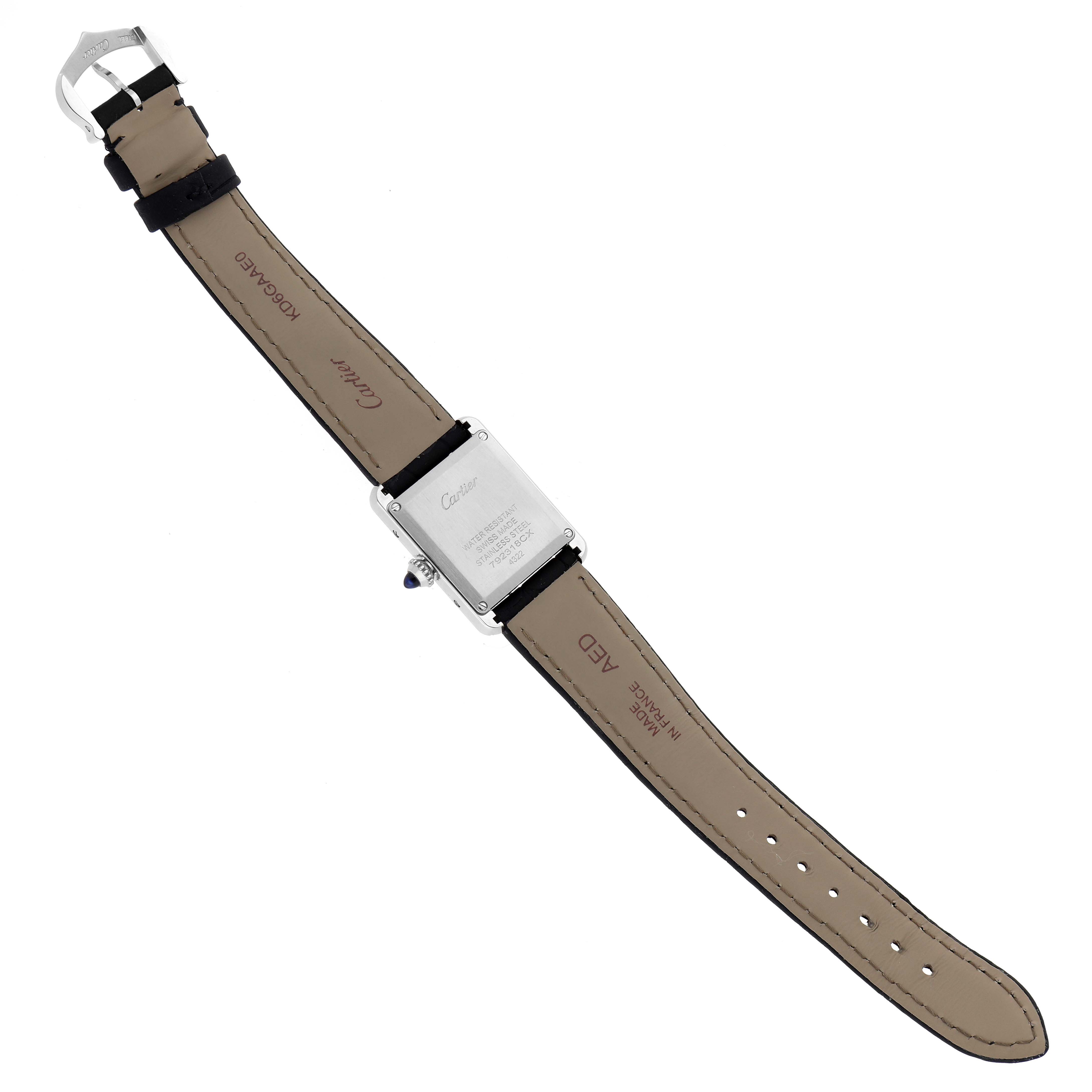 The Cartier Tank Must W4TA0016 Women
s Stainless Steel Silver Dial W4TA0016 Women
s Stainless Steel Silver Dial watch is shown from the back, highlighting the case, strap, buckle, and engraving details.