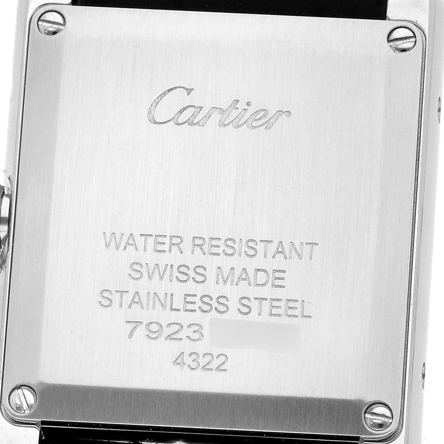 The image shows the back case of the Cartier Tank Must W4TA0016 Women
s Stainless Steel Silver Dial W4TA0016 Women
s Stainless Steel Silver Dial watch, highlighting the brand and specifications, with a focus on the stainless steel cover.