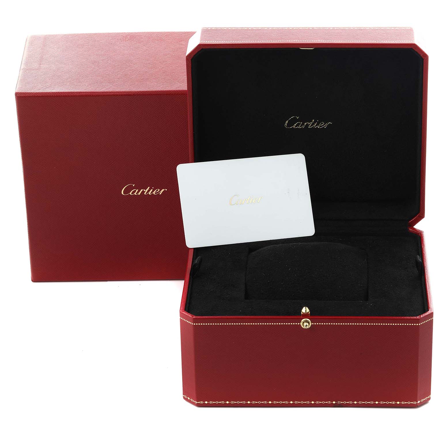 The image shows a Cartier Tank Must W4TA0016 Women
s Stainless Steel Silver Dial W4TA0016 Women
s Stainless Steel Silver Dial watch box and packaging with a card, viewed from the front with an open lid.