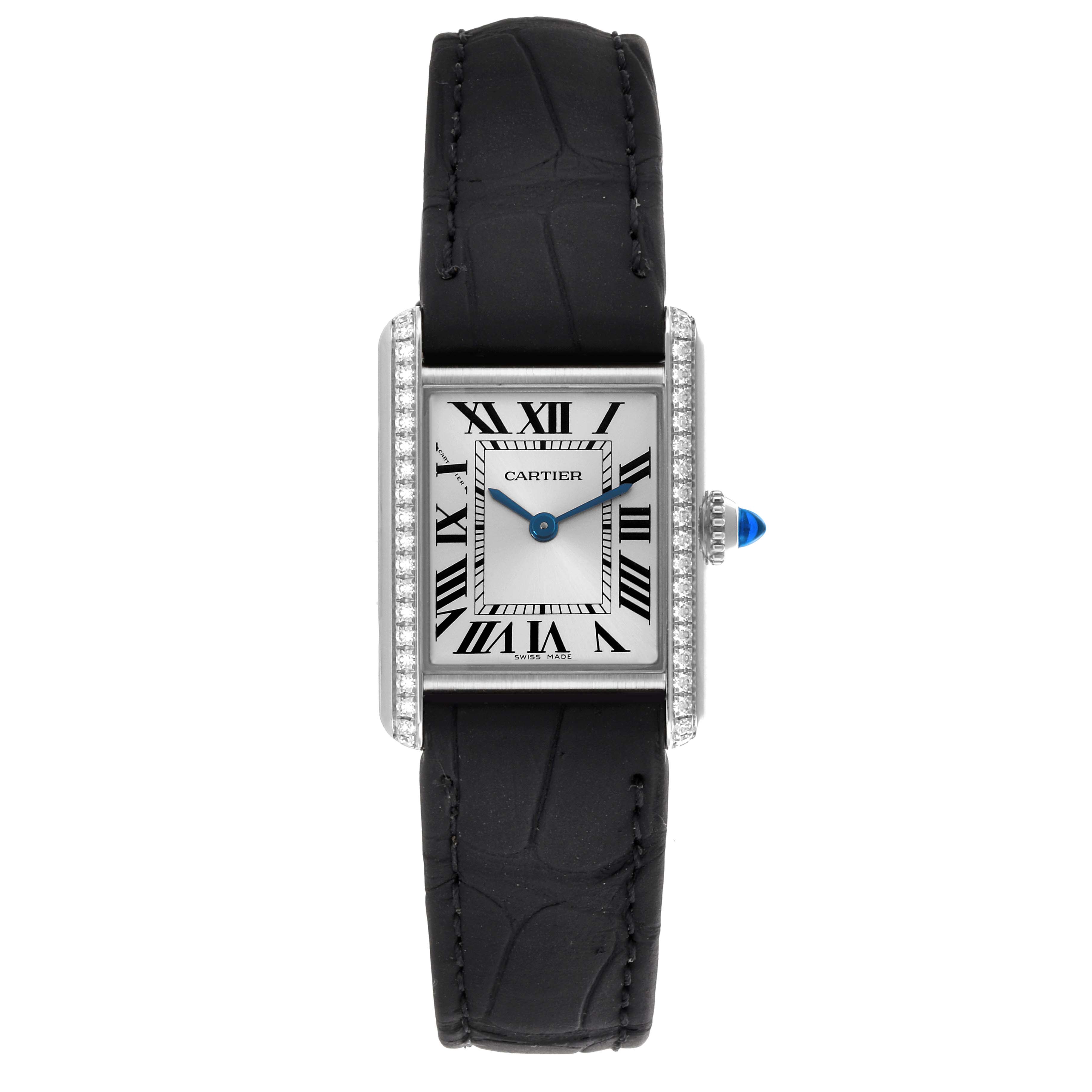 The Cartier Tank Must W4TA0016 Women
s Stainless Steel Silver Dial W4TA0016 Women
s Stainless Steel Silver Dial watch is shown from the front, displaying the face, bezel, and part of the strap.