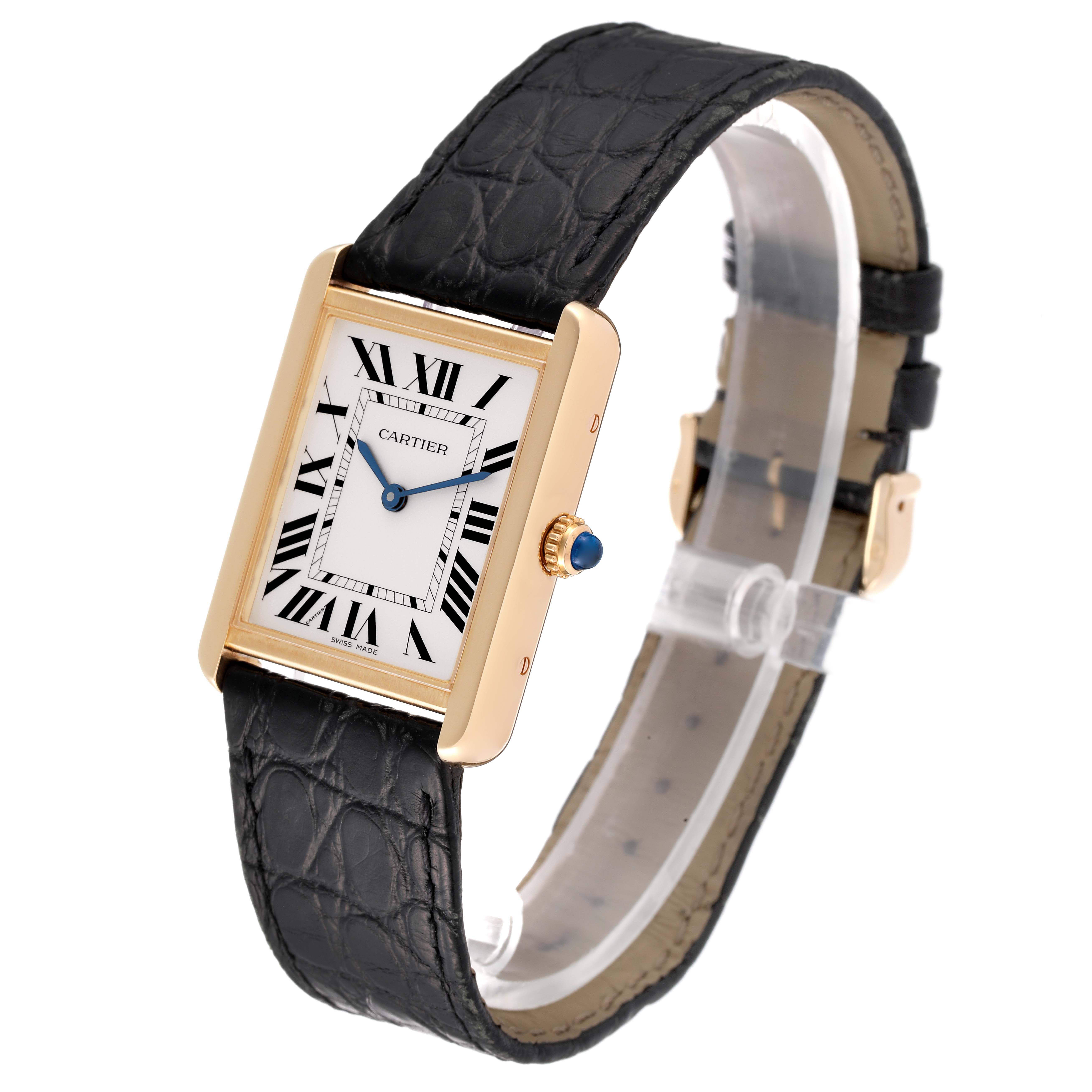 This image shows a Cartier Tank Solo W5200004 Men
s Steel and Gold (two tone) Silver Dial W5200004 Men
s Steel and Gold (two tone) Silver Dial watch at a three-quarter angle, displaying the rectangular face, Roman numerals, and leather strap.