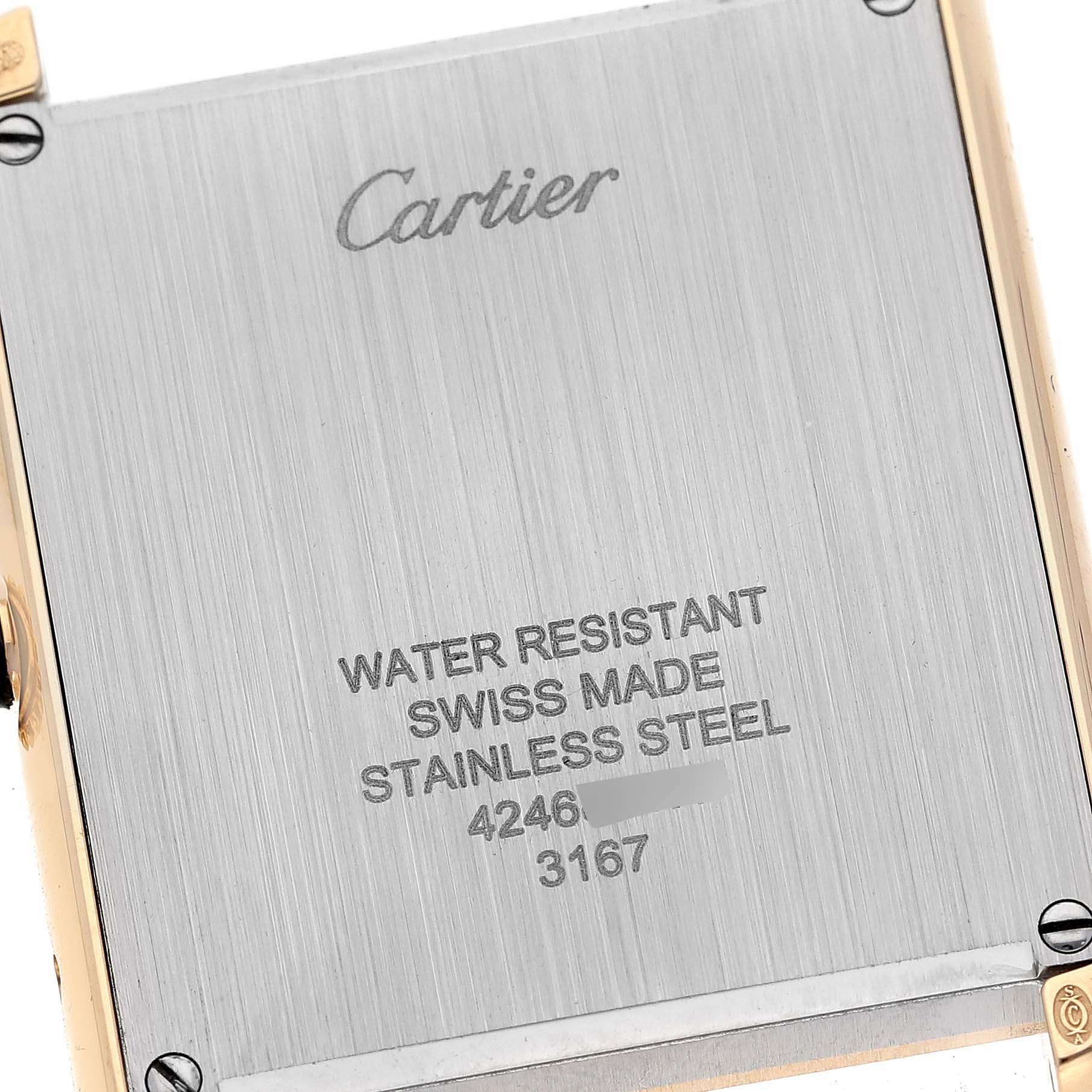 The image shows the back case of a Cartier Tank Solo W5200004 Men
s Steel and Gold (two tone) Silver Dial W5200004 Men
s Steel and Gold (two tone) Silver Dial watch, highlighting its water resistance and stainless steel construction.