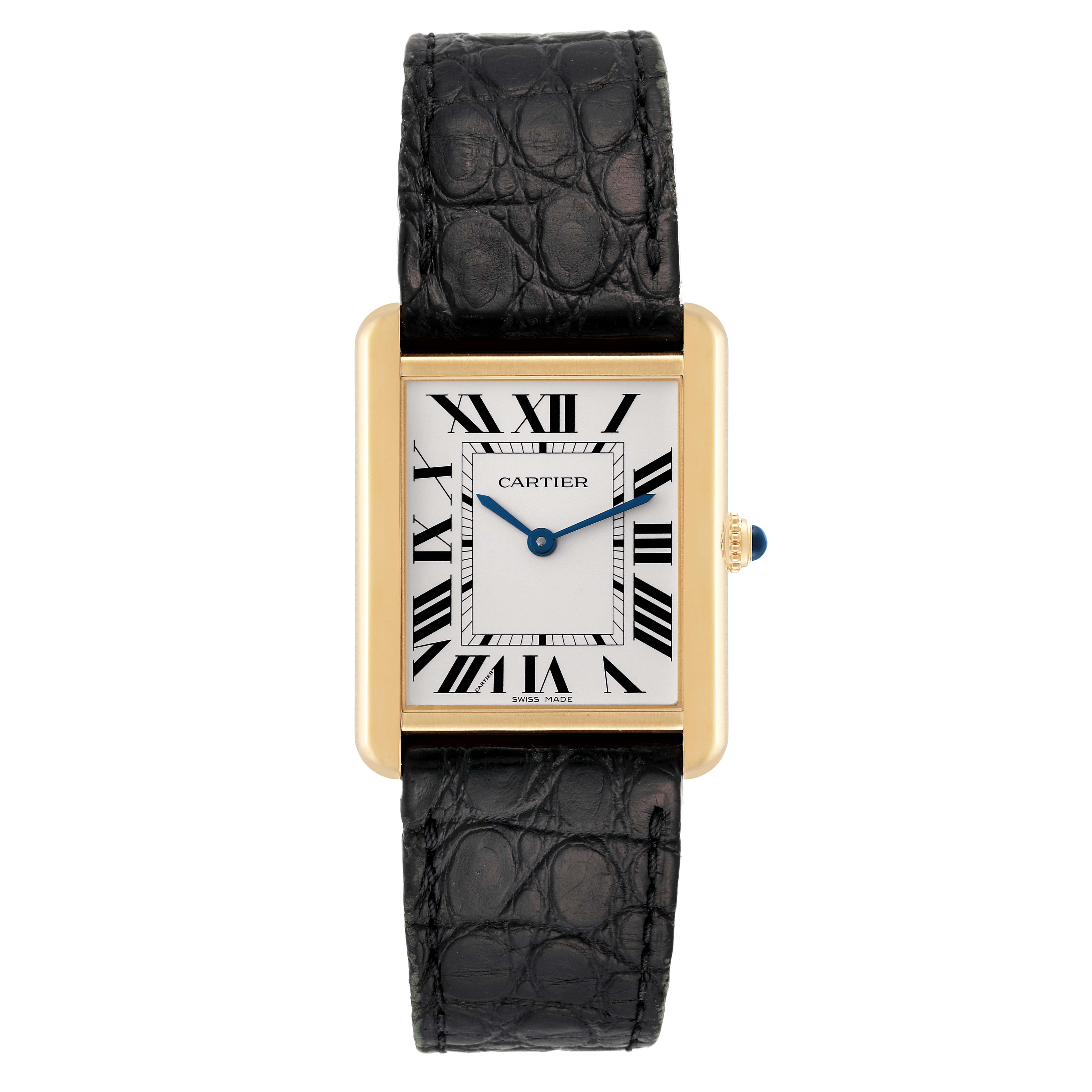 The image shows a front view of the Cartier Tank Solo W5200004 Men
s Steel and Gold (two tone) Silver Dial W5200004 Men
s Steel and Gold (two tone) Silver Dial watch featuring its rectangular case, Roman numeral dial, and black leather strap.