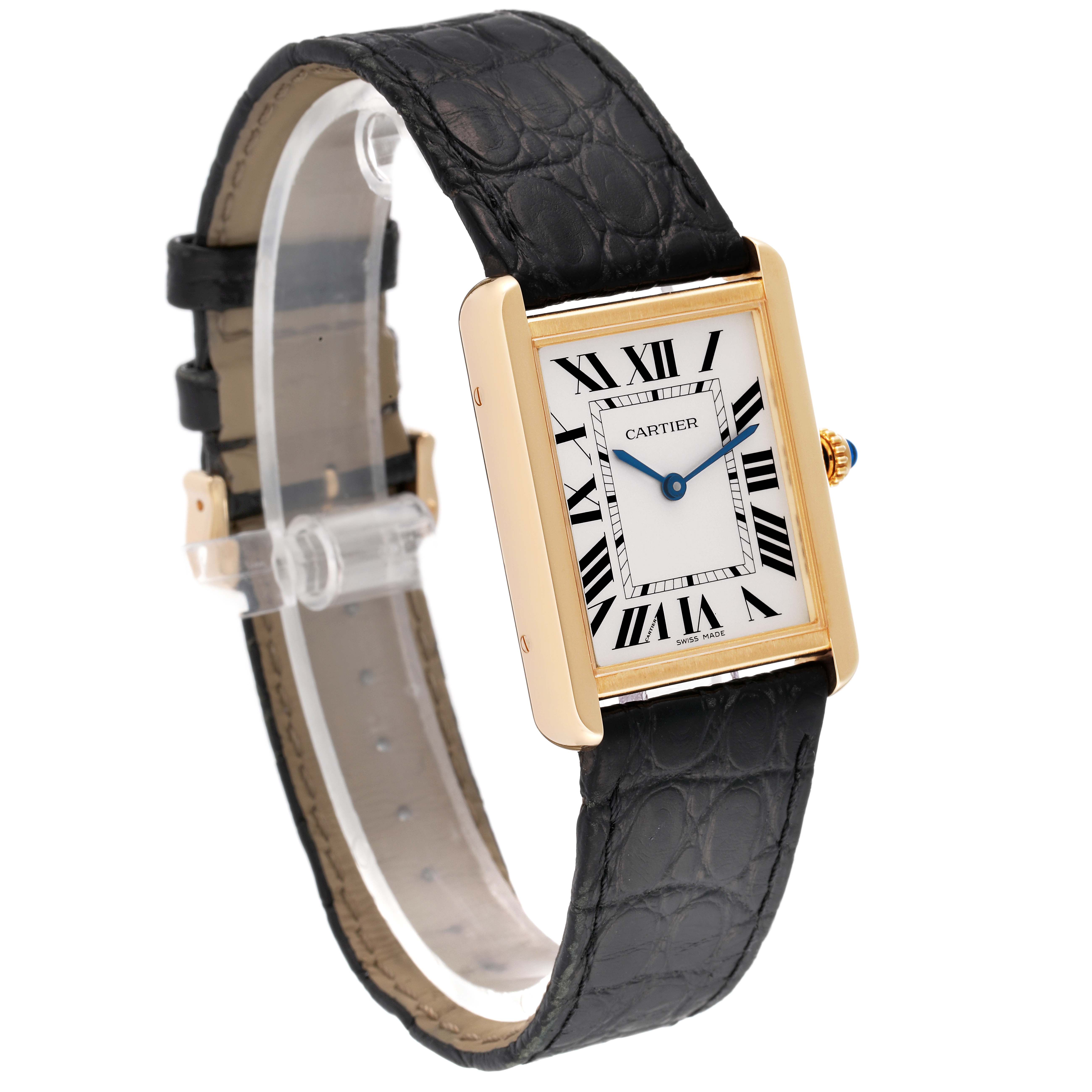 The Cartier Tank Solo W5200004 Men
s Steel and Gold (two tone) Silver Dial W5200004 Men
s Steel and Gold (two tone) Silver Dial watch is shown at an angle, highlighting its rectangular dial, Roman numerals, gold case, and black leather strap.