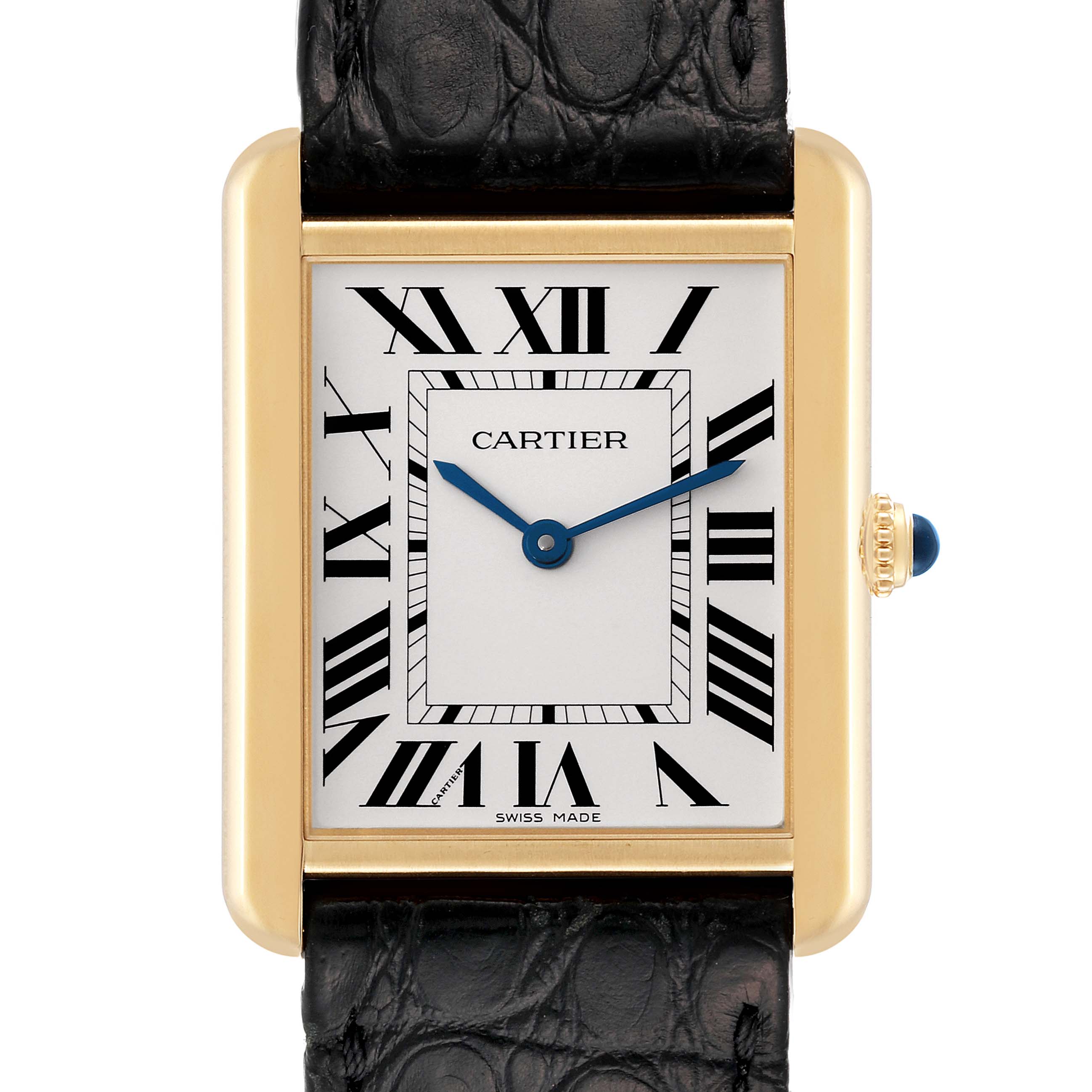 This image shows a front view of the Cartier Tank Solo W5200004 Men
s Steel and Gold (two tone) Silver Dial W5200004 Men
s Steel and Gold (two tone) Silver Dial watch, displaying its face, hands, and part of the strap.