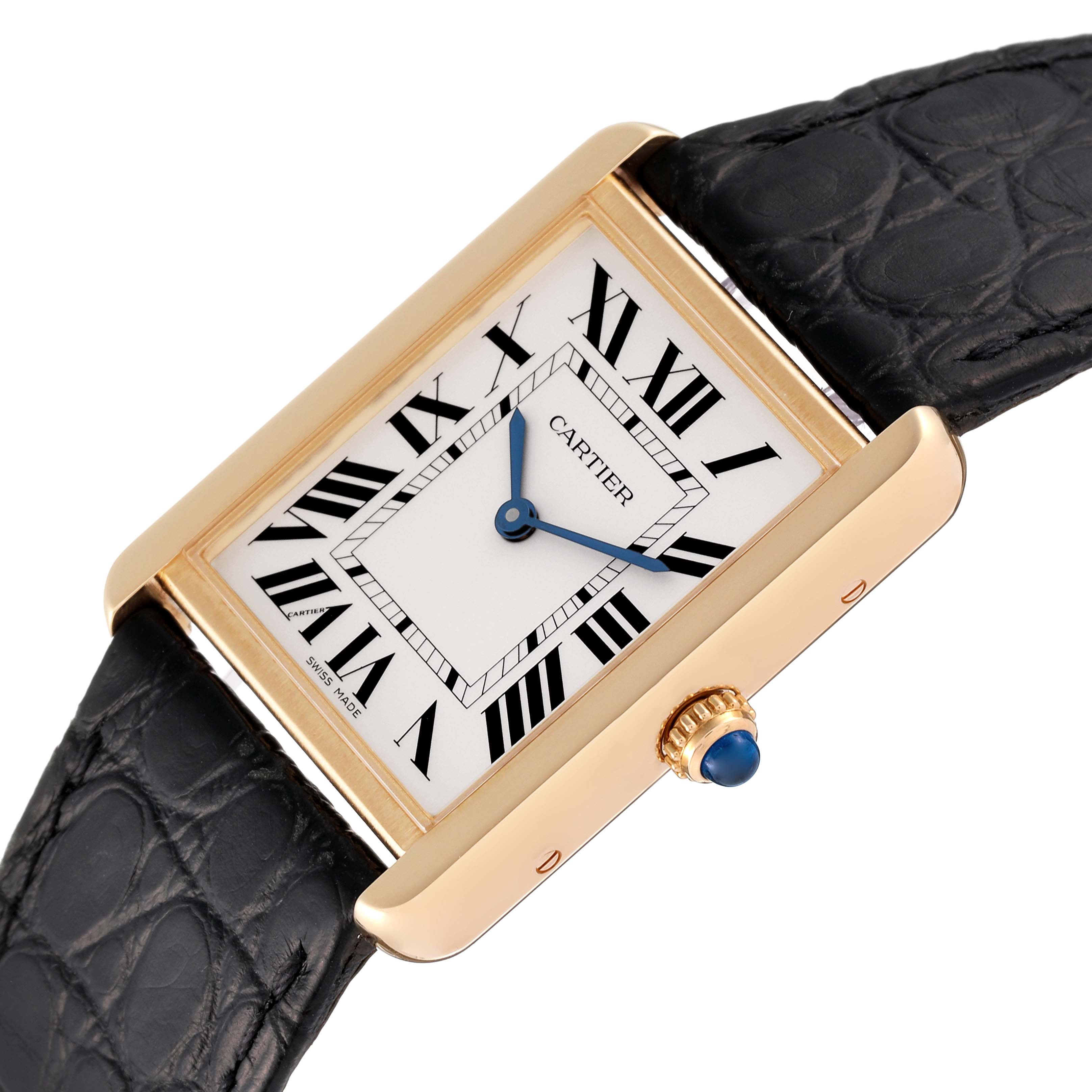 This image shows the face and side profile of a Cartier Tank Solo W5200004 Men
s Steel and Gold (two tone) Silver Dial W5200004 Men
s Steel and Gold (two tone) Silver Dial watch, including the bezel and crown.