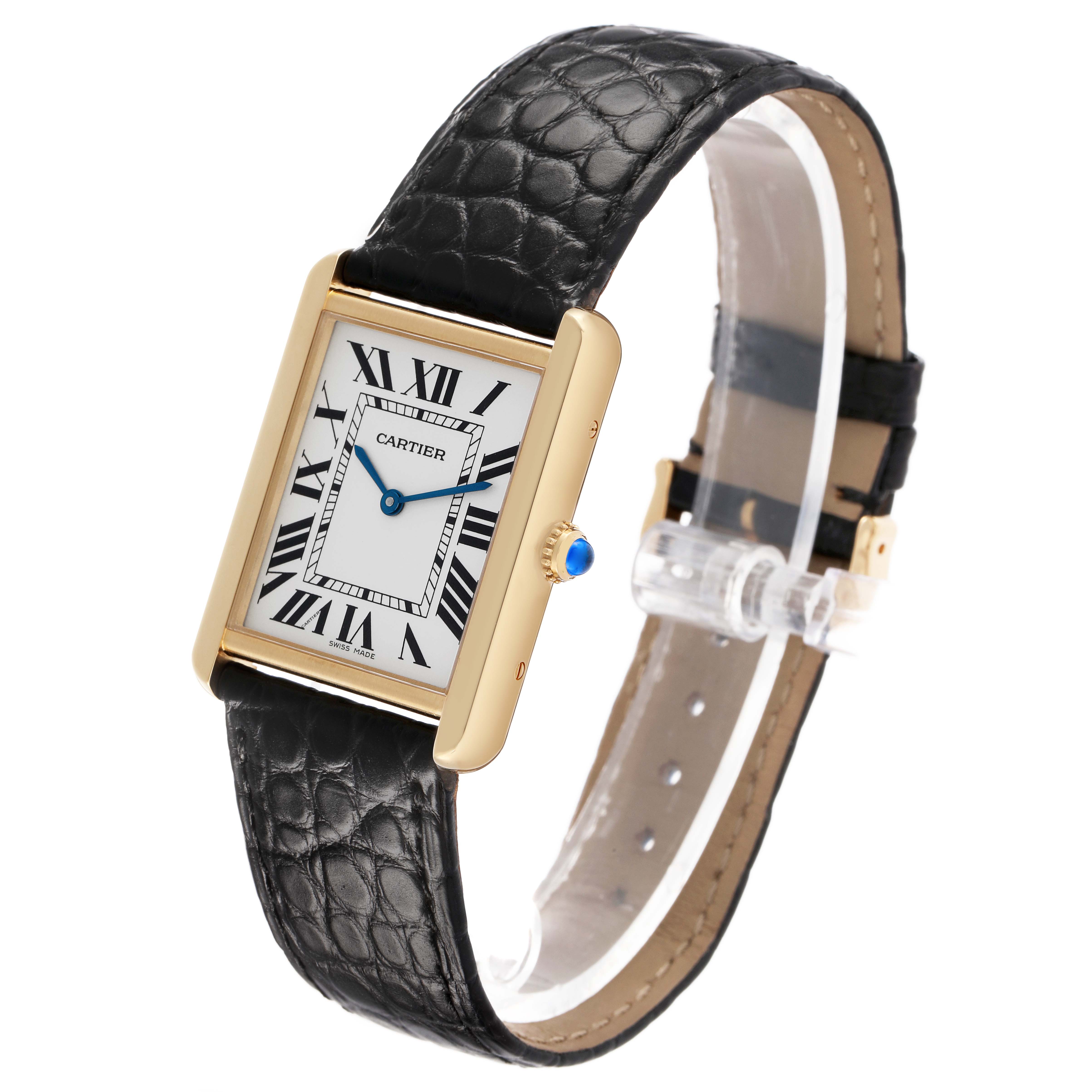 The Cartier Tank Solo W1018855 Men's Yellow Gold Silver Dial watch is shown at an angle highlighting its face, gold case, black leather strap, and blue cabochon crown.