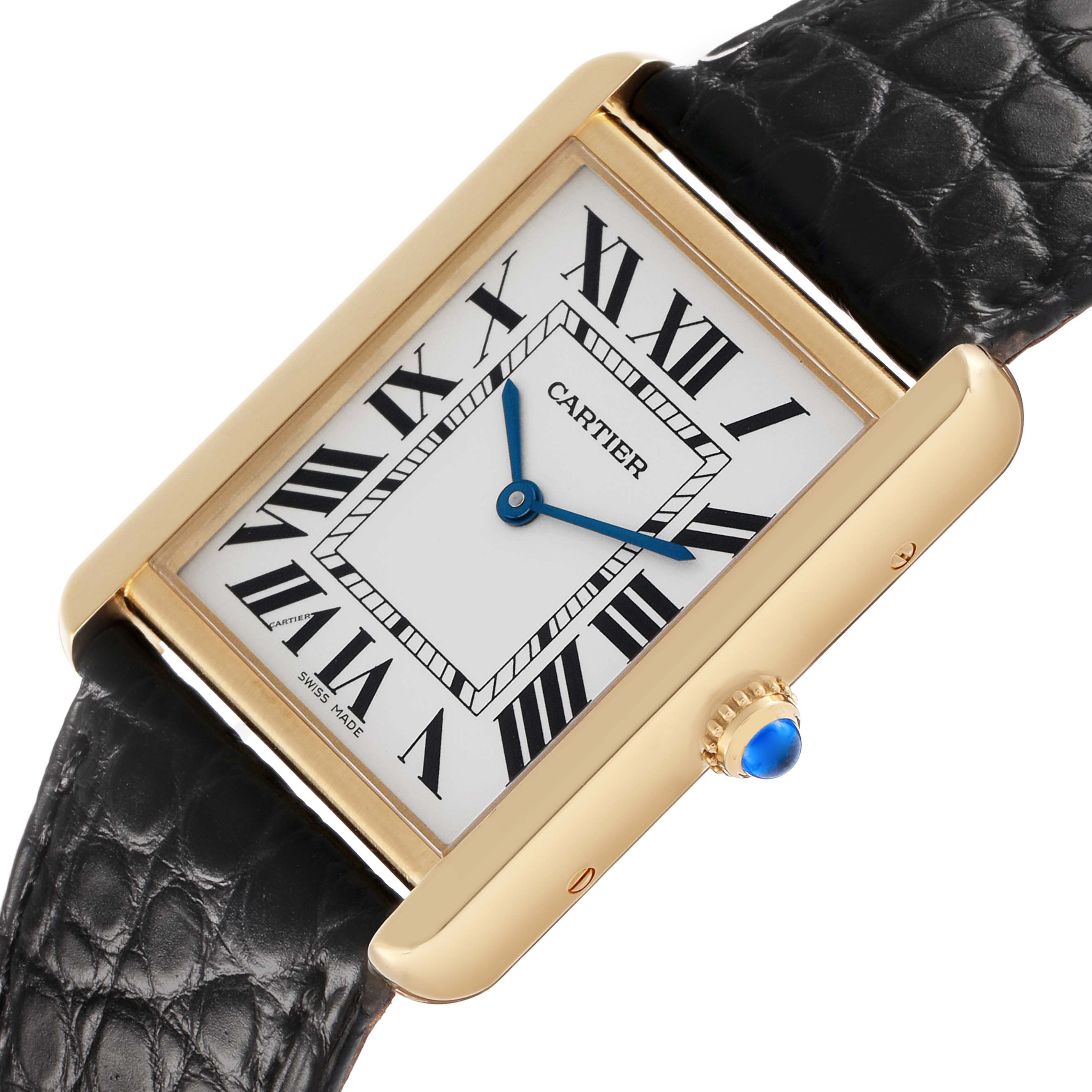 The Cartier Tank Solo W1018855 Men's Yellow Gold Silver Dial watch is shown at a slight angle, highlighting the dial, gold case, blue hands, and black leather strap.