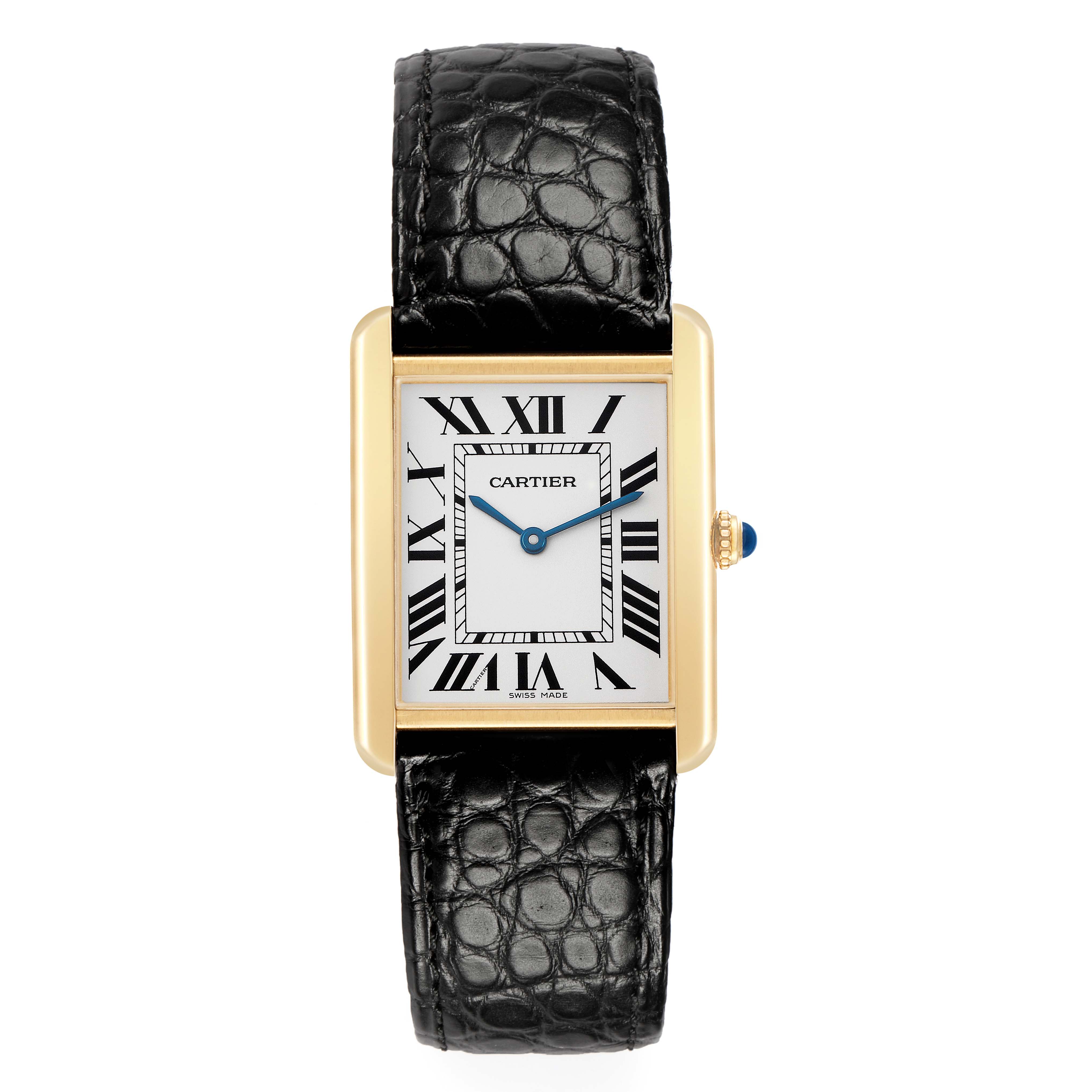 The Cartier Tank Solo W1018855 Men's Yellow Gold Silver Dial watch is shown from the front, featuring its rectangular face, Roman numerals, and black strap.