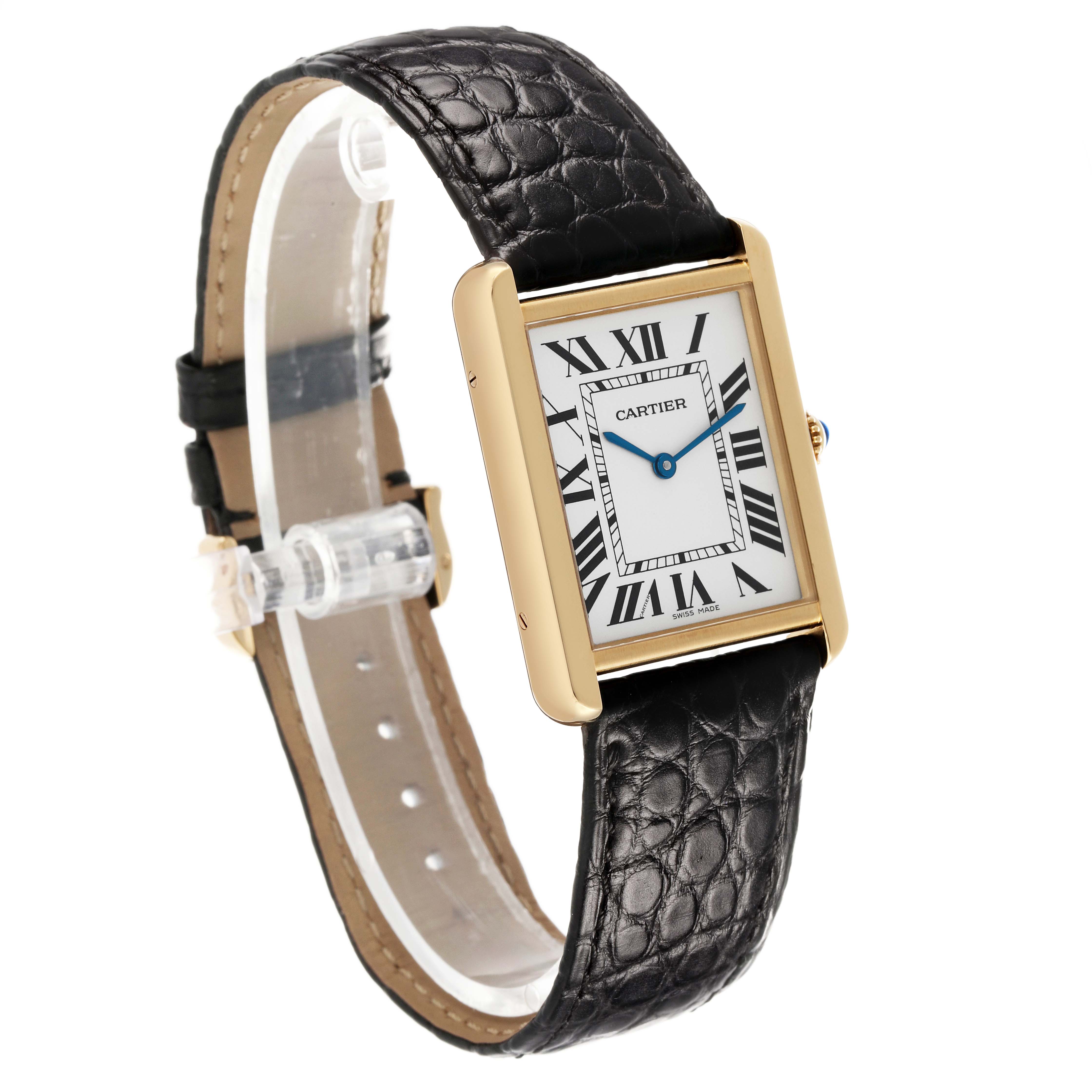 The Cartier Tank Solo W1018855 Men's Yellow Gold Silver Dial watch is shown at an angle highlighting its rectangular face, gold case, and black leather strap.
