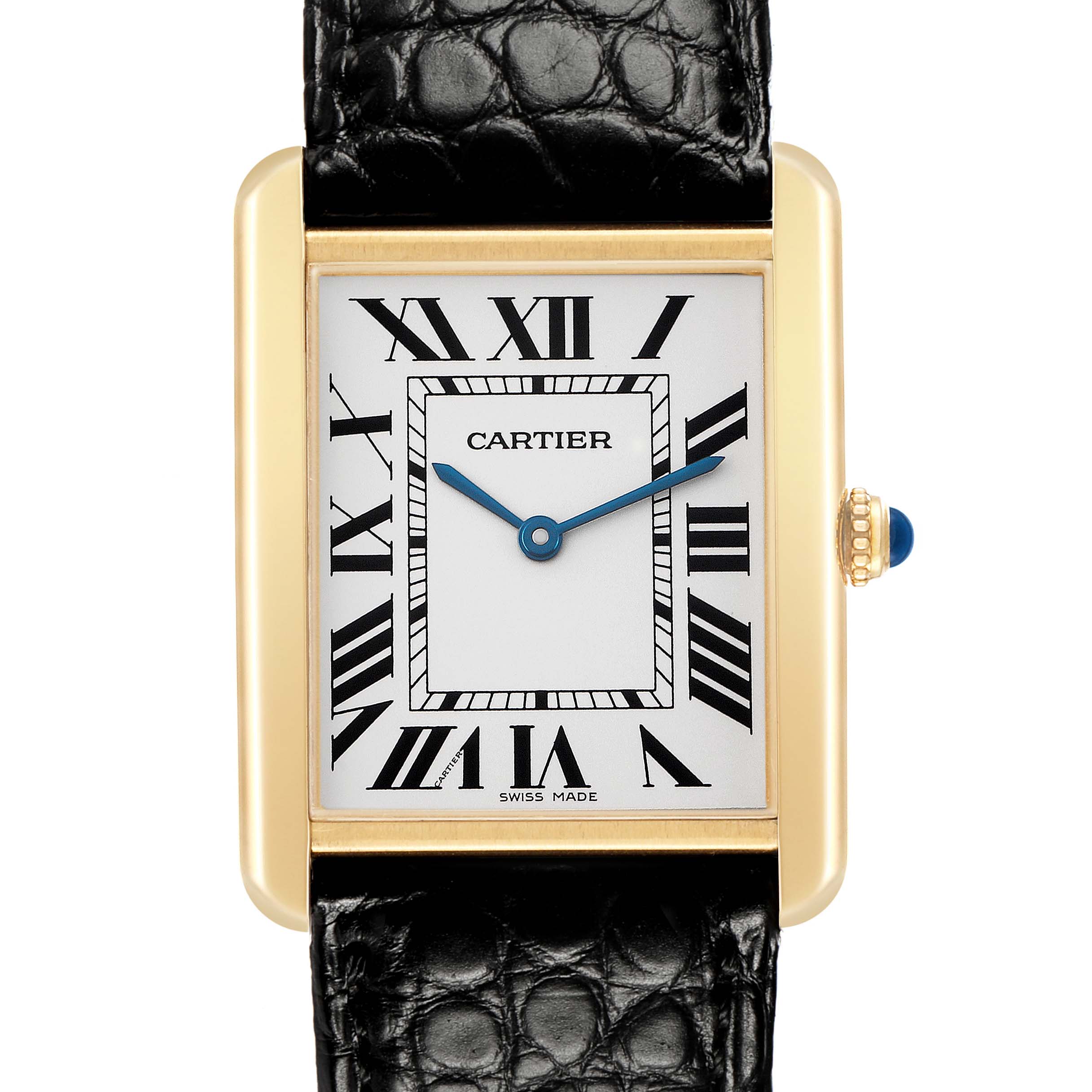 The Cartier Tank Solo W1018855 Men's Yellow Gold Silver Dial watch is shown from the front, highlighting its rectangular face, Roman numerals, and a black leather strap.